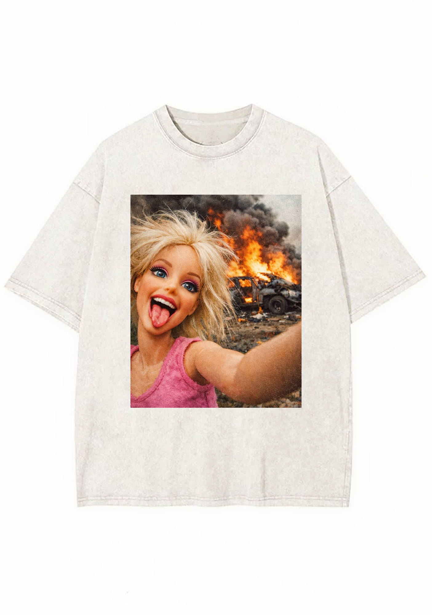Chaotic Barbie Selfie With Burning Car Background Y2K Washed Tee