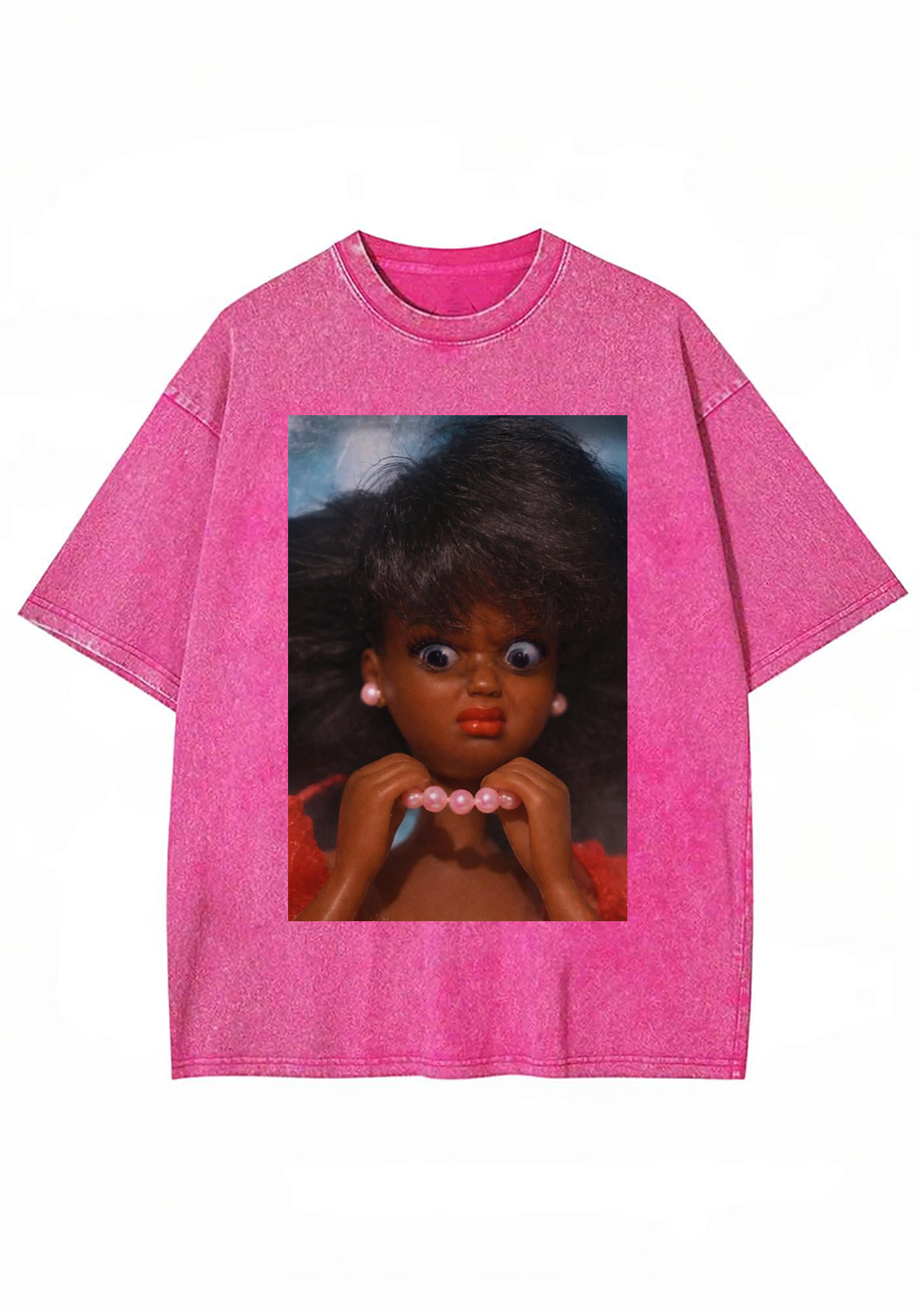 Funny Shocked Black Barbie Pink Pearl Necklace Y2K Washed Tee