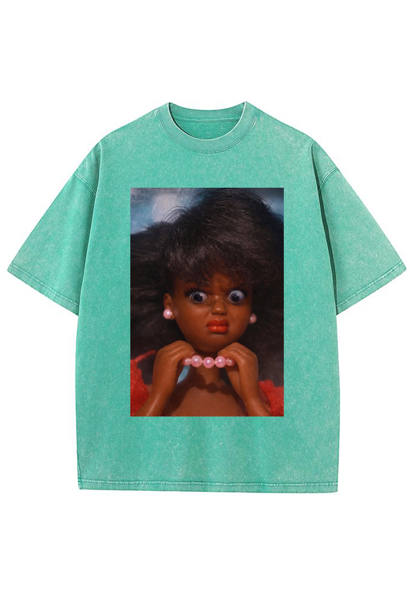 Funny Shocked Black Barbie Pink Pearl Necklace Y2K Washed Tee