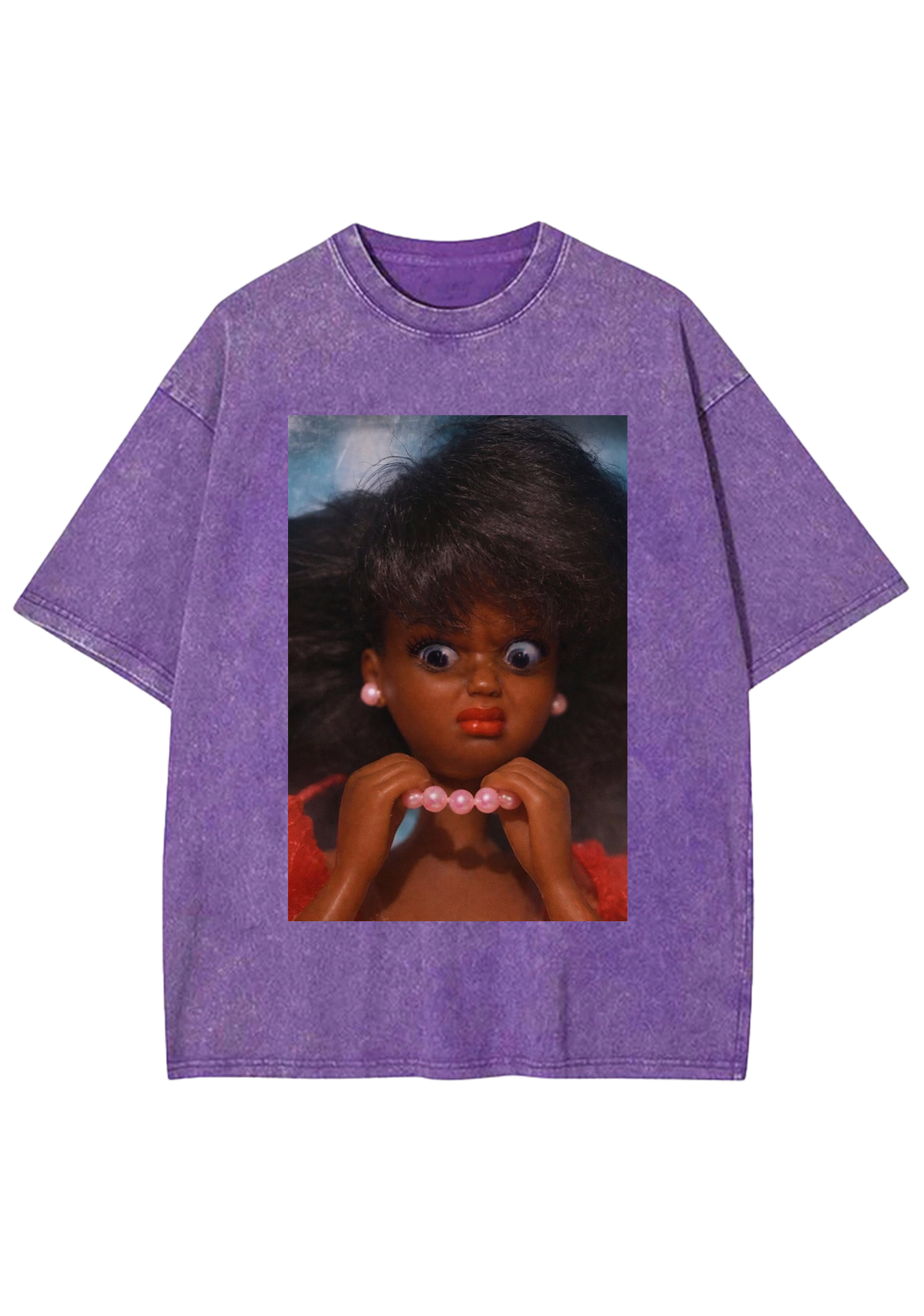 Funny Shocked Black Barbie Pink Pearl Necklace Y2K Washed Tee
