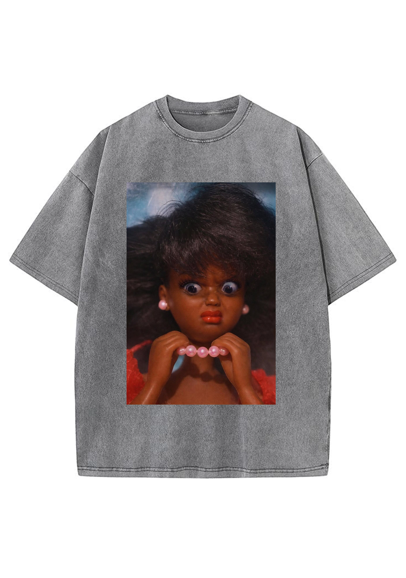 Funny Shocked Black Barbie Pink Pearl Necklace Y2K Washed Tee