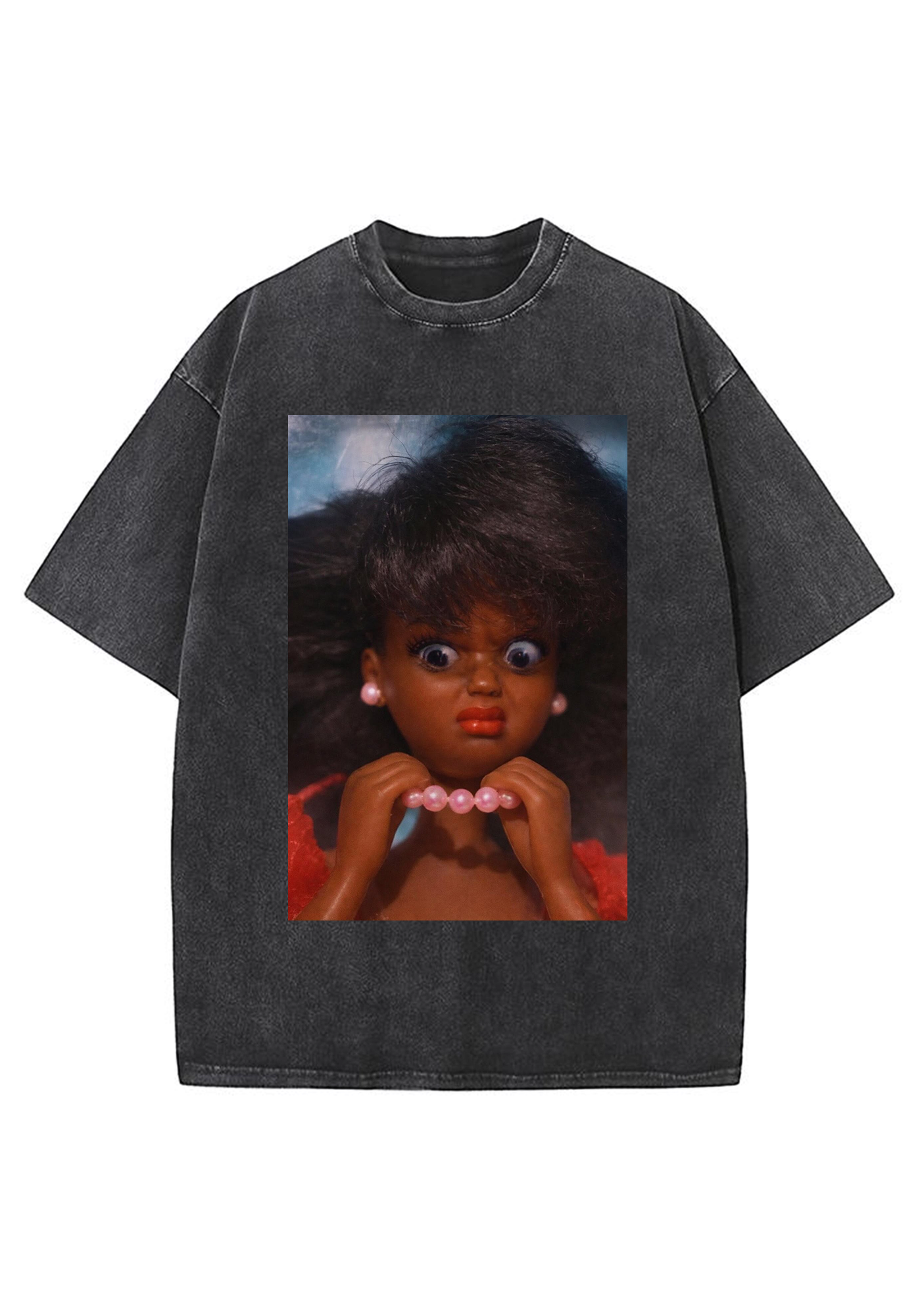 Funny Shocked Black Barbie Pink Pearl Necklace Y2K Washed Tee