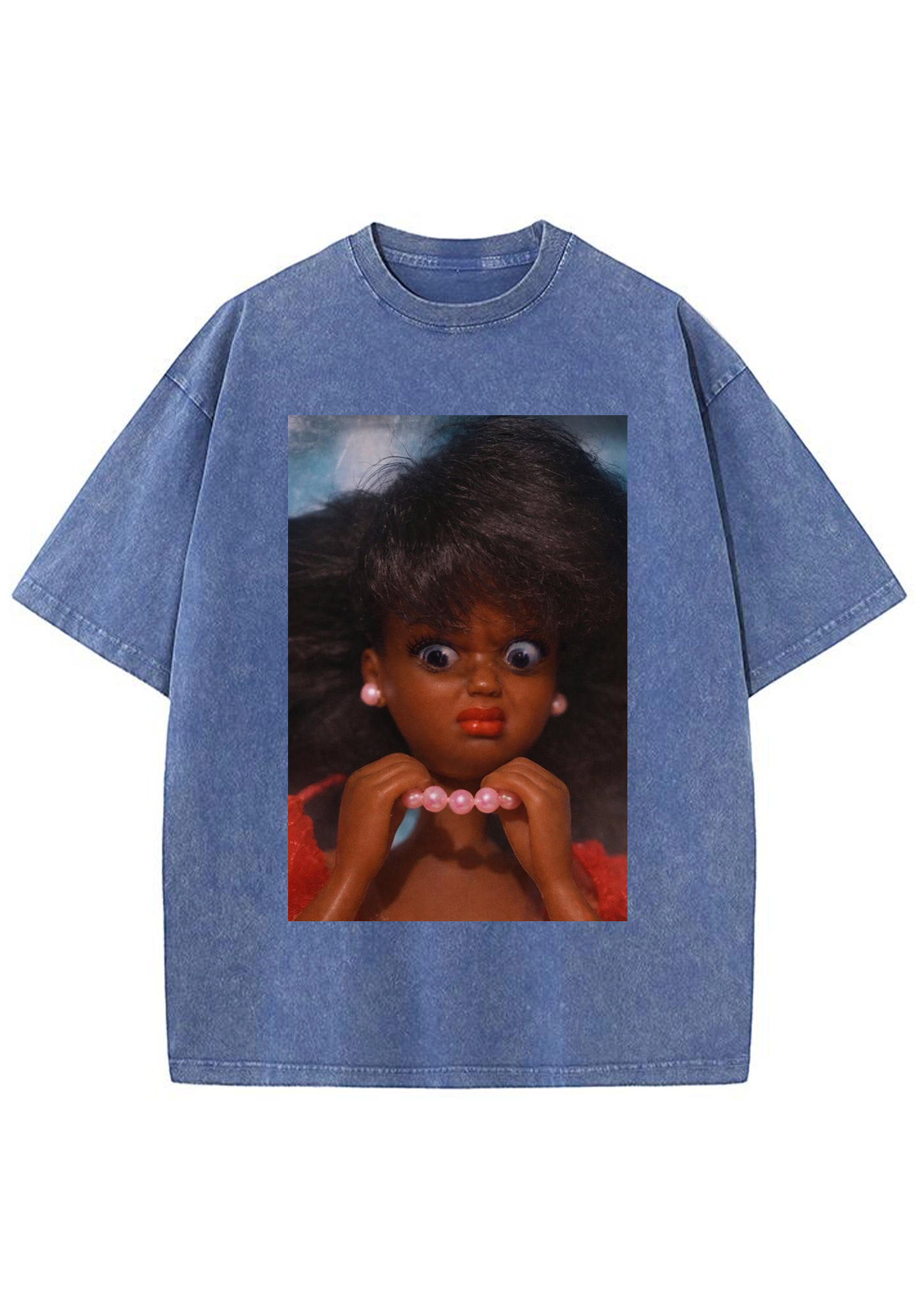 Funny Shocked Black Barbie Pink Pearl Necklace Y2K Washed Tee