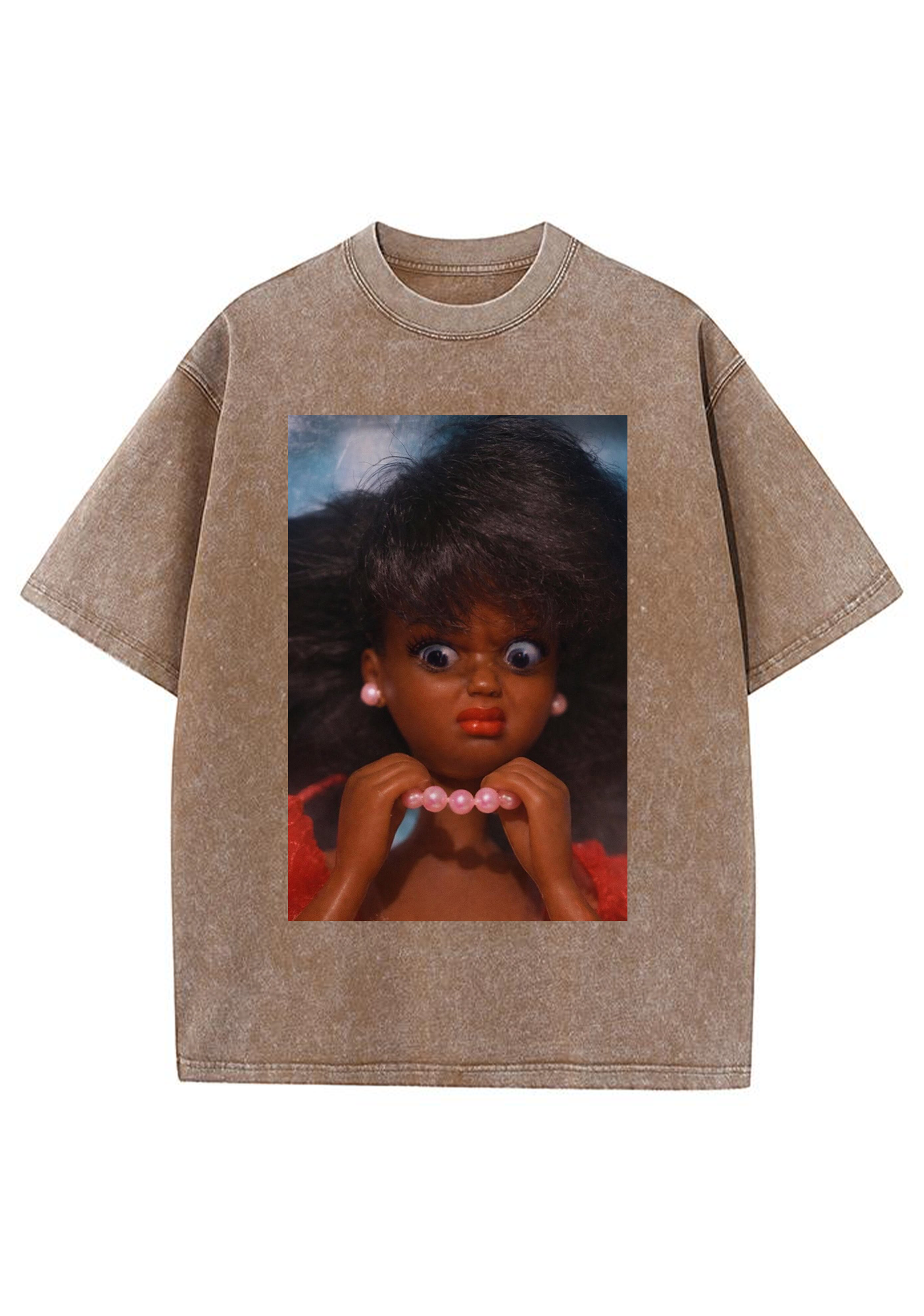 Funny Shocked Black Barbie Pink Pearl Necklace Y2K Washed Tee