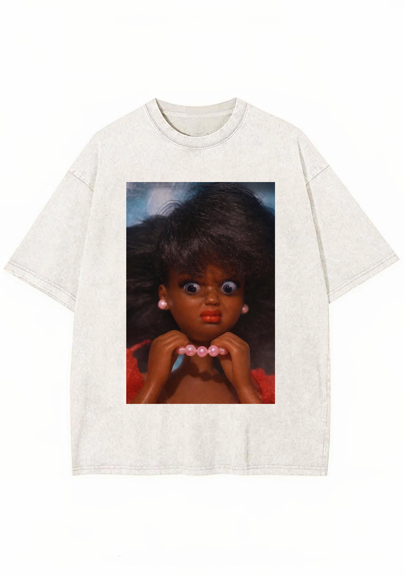 Funny Shocked Black Barbie Pink Pearl Necklace Y2K Washed Tee