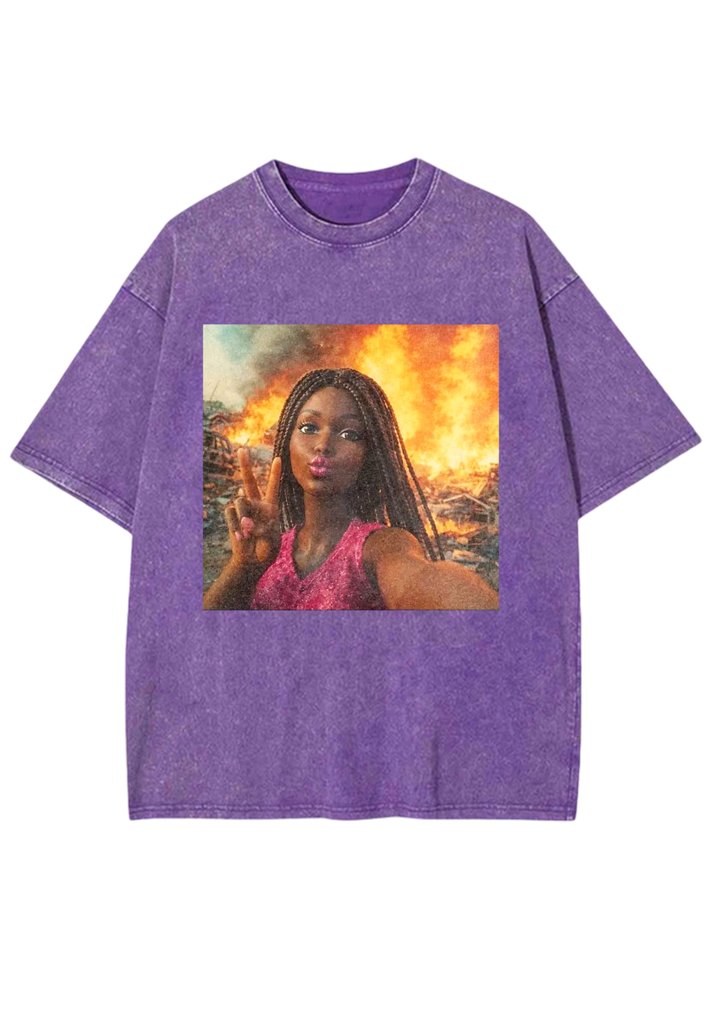 Peace Sign Barbie In Fire Meme Y2K Washed Tee