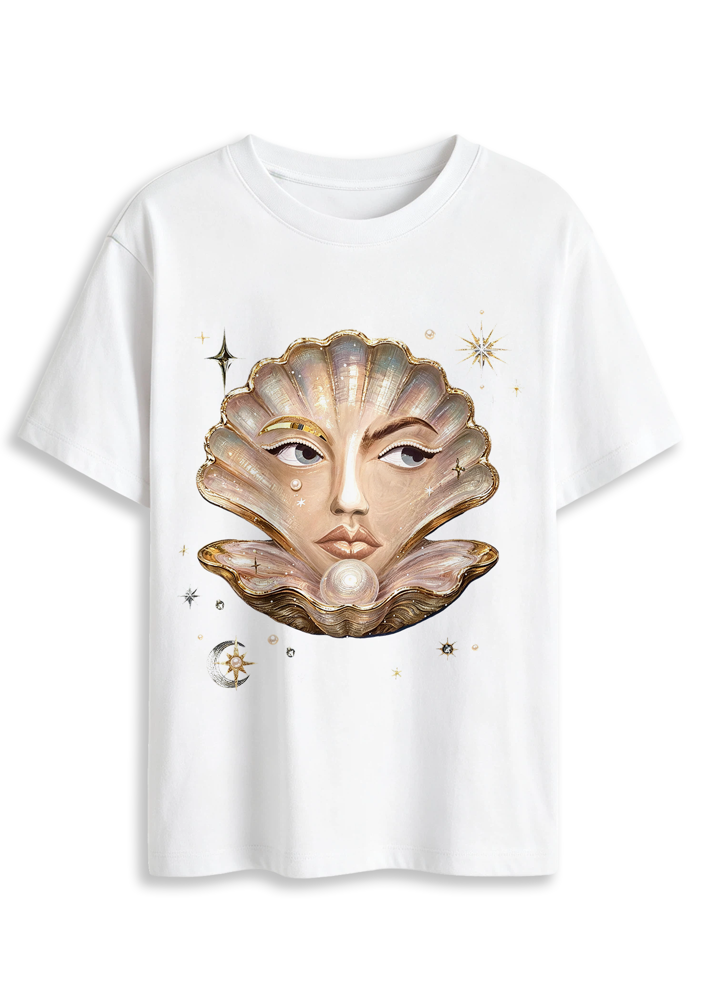 Surreal Seashell Face Pearl Celestial Graphic T-Shirt