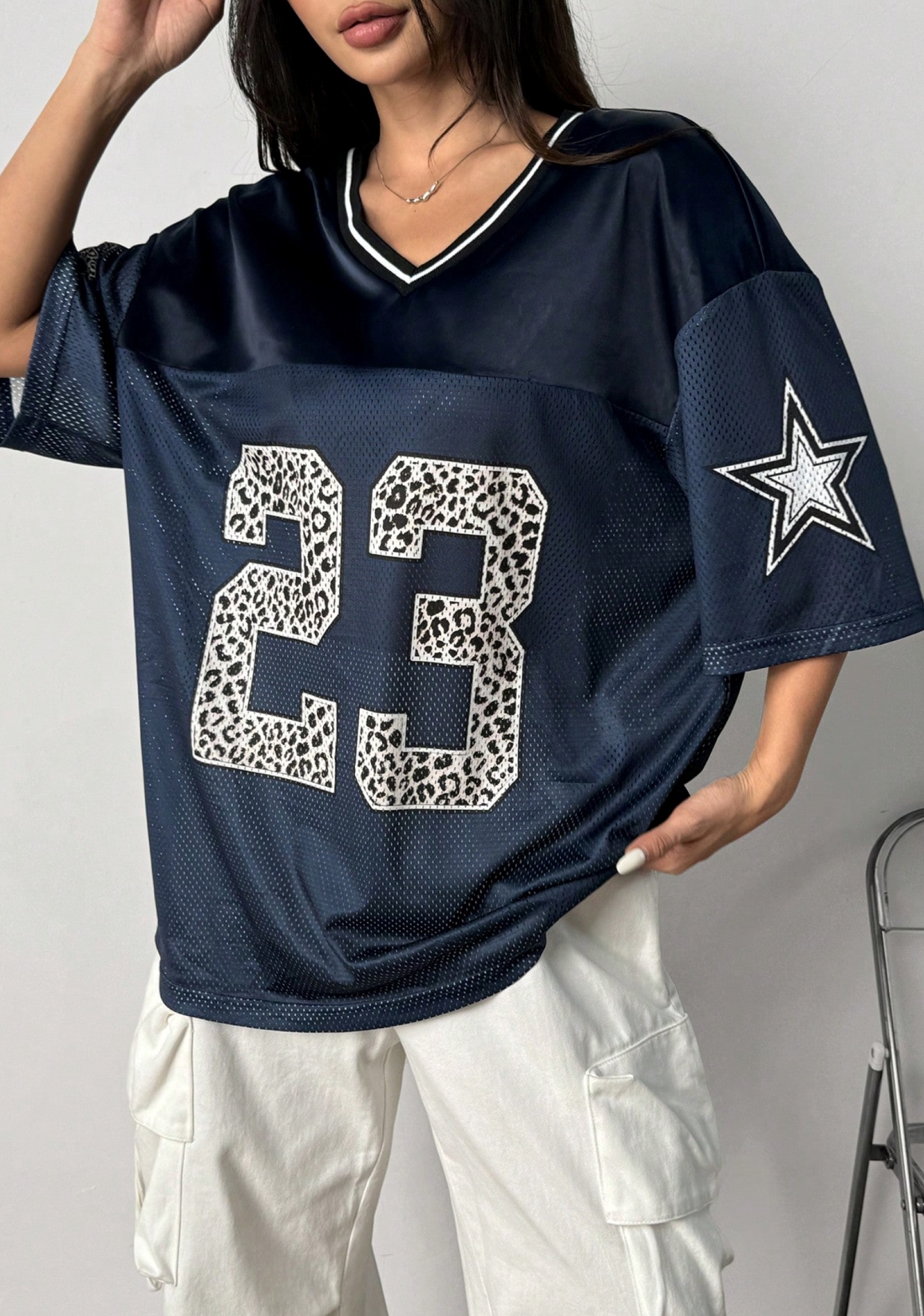 23 Leopard Star Print Oversized Mesh Jersey Shirts