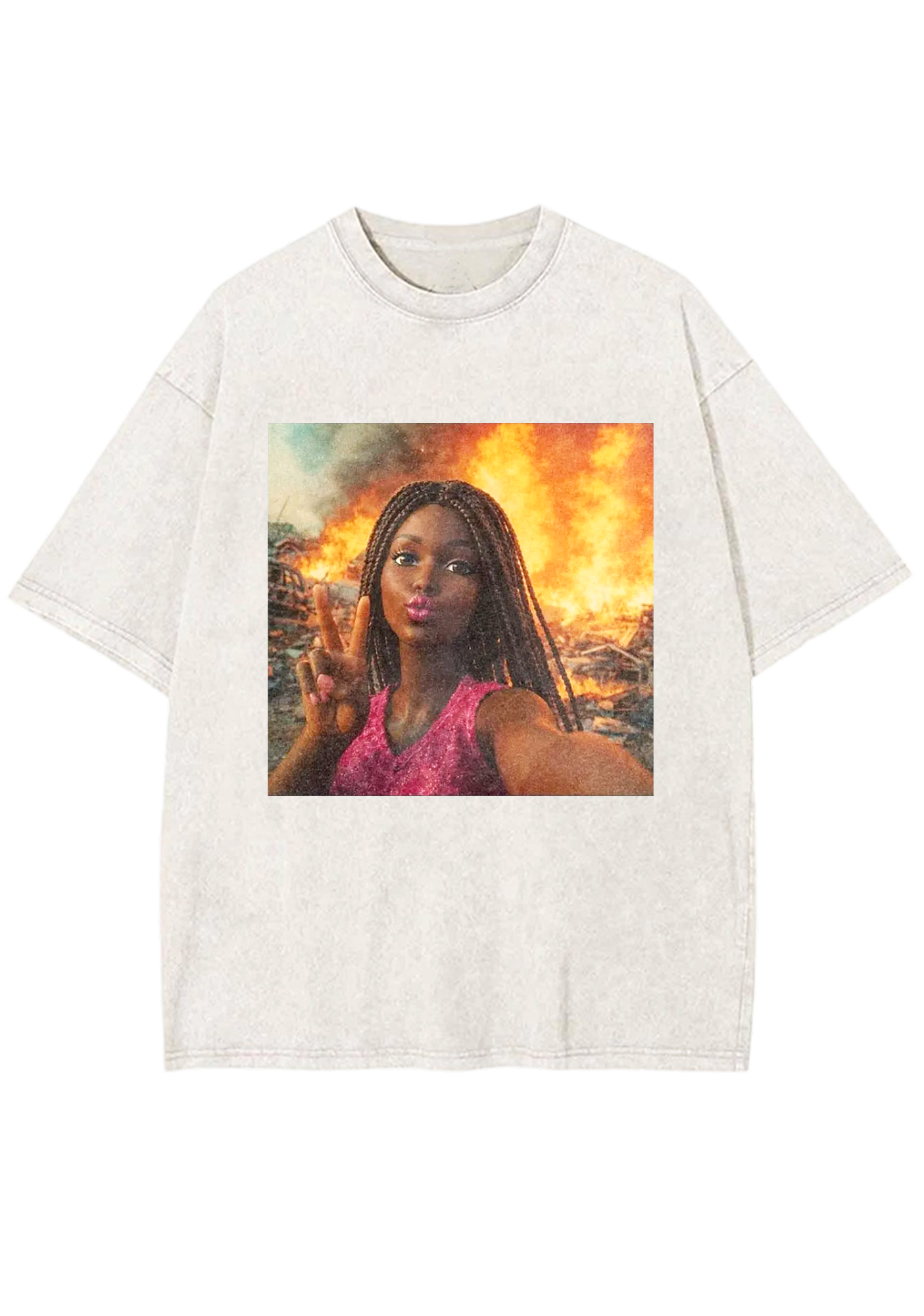 Peace Sign Barbie In Fire Meme Y2K Washed Tee