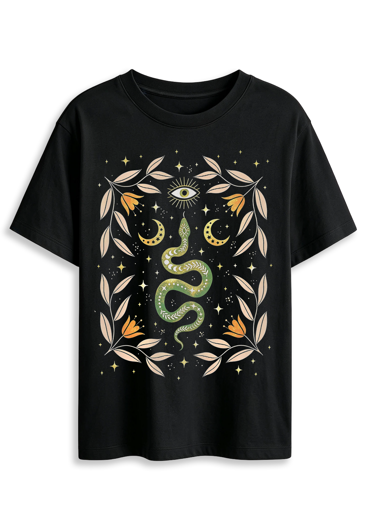 Celestial Snake Evil Eye Moon Star Graphic T-Shirt