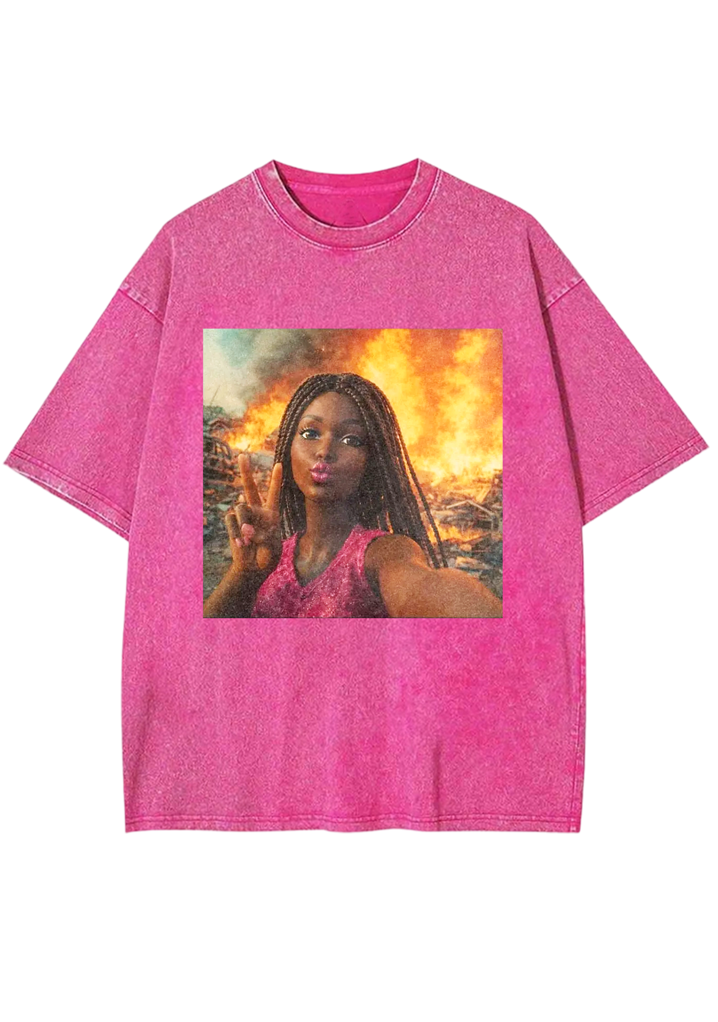 Peace Sign Barbie In Fire Meme Y2K Washed Tee