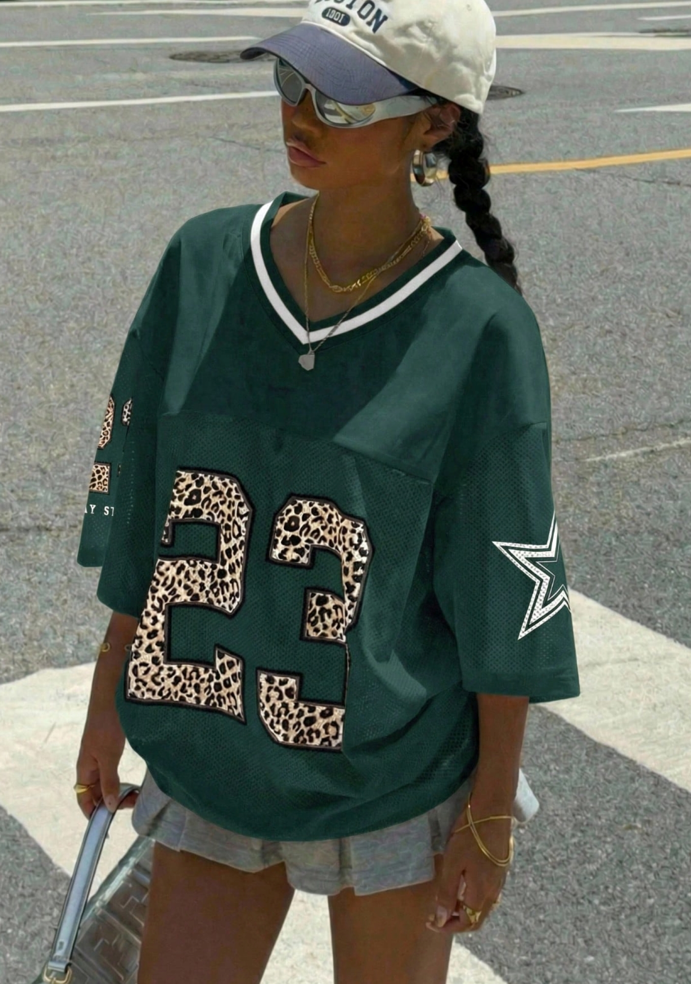 23 Leopard Star Print Oversized Mesh Jersey Shirts