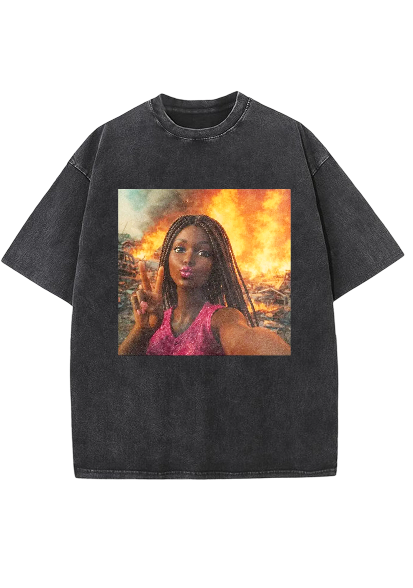 Peace Sign Barbie In Fire Meme Y2K Washed Tee