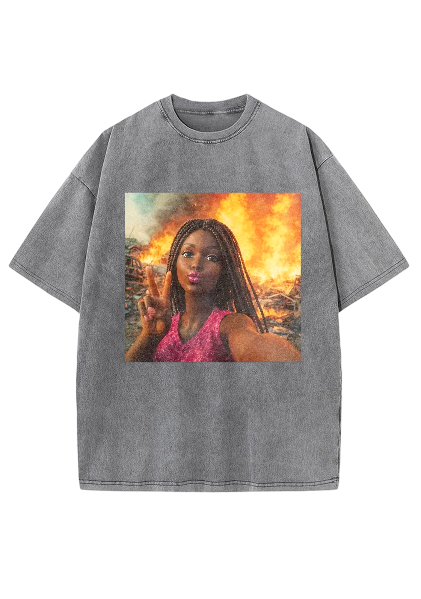 Peace Sign Barbie In Fire Meme Y2K Washed Tee