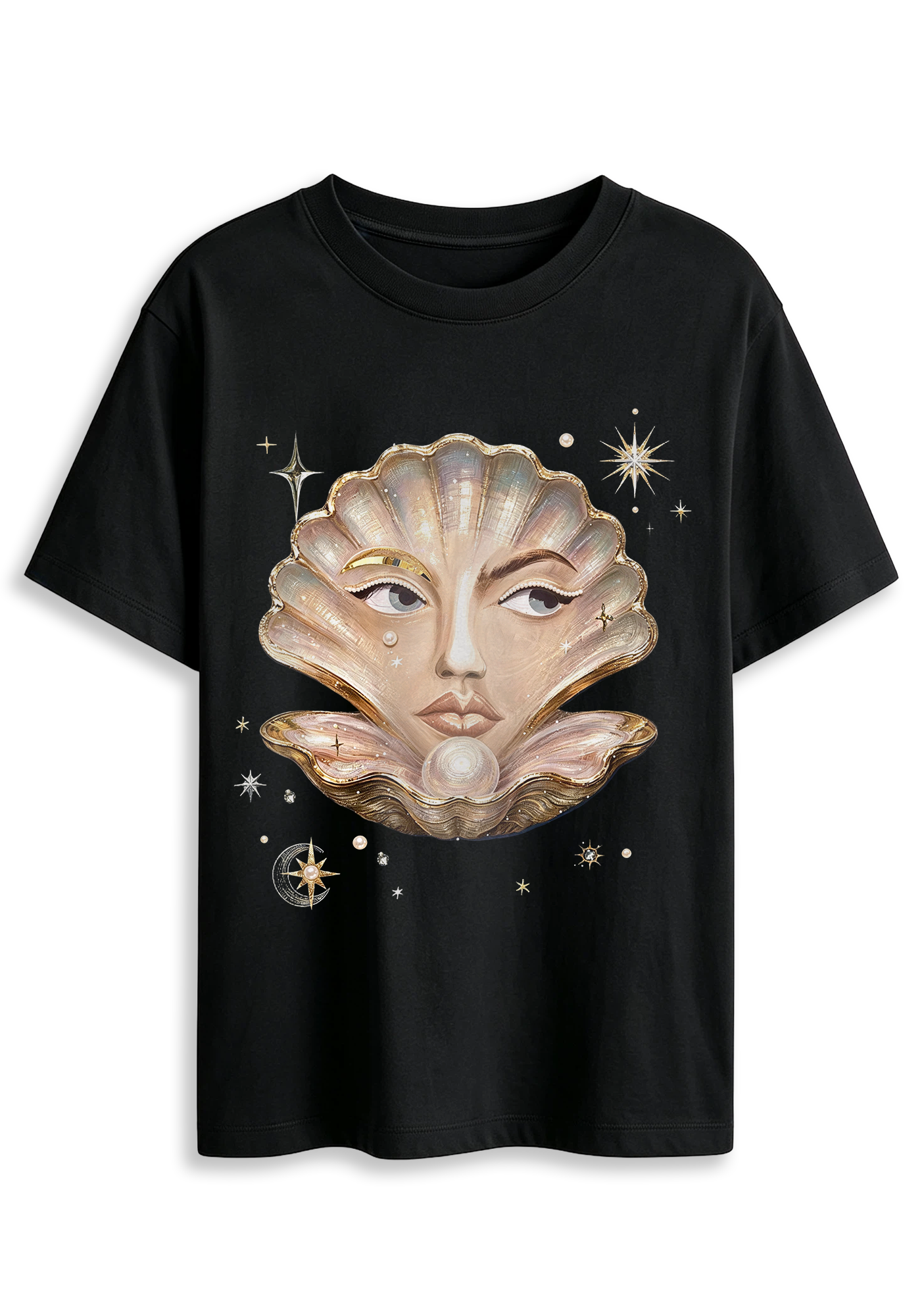 Surreal Seashell Face Pearl Celestial Graphic T-Shirt