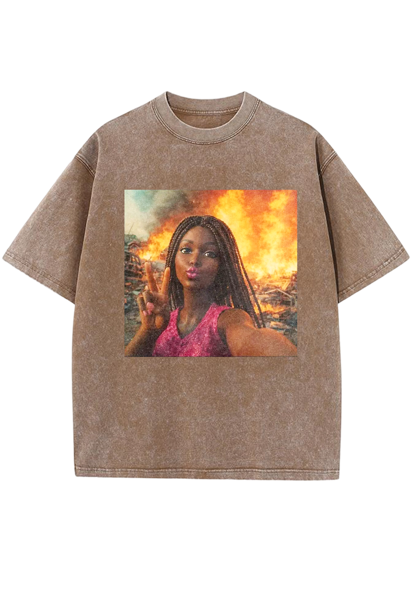 Peace Sign Barbie In Fire Meme Y2K Washed Tee