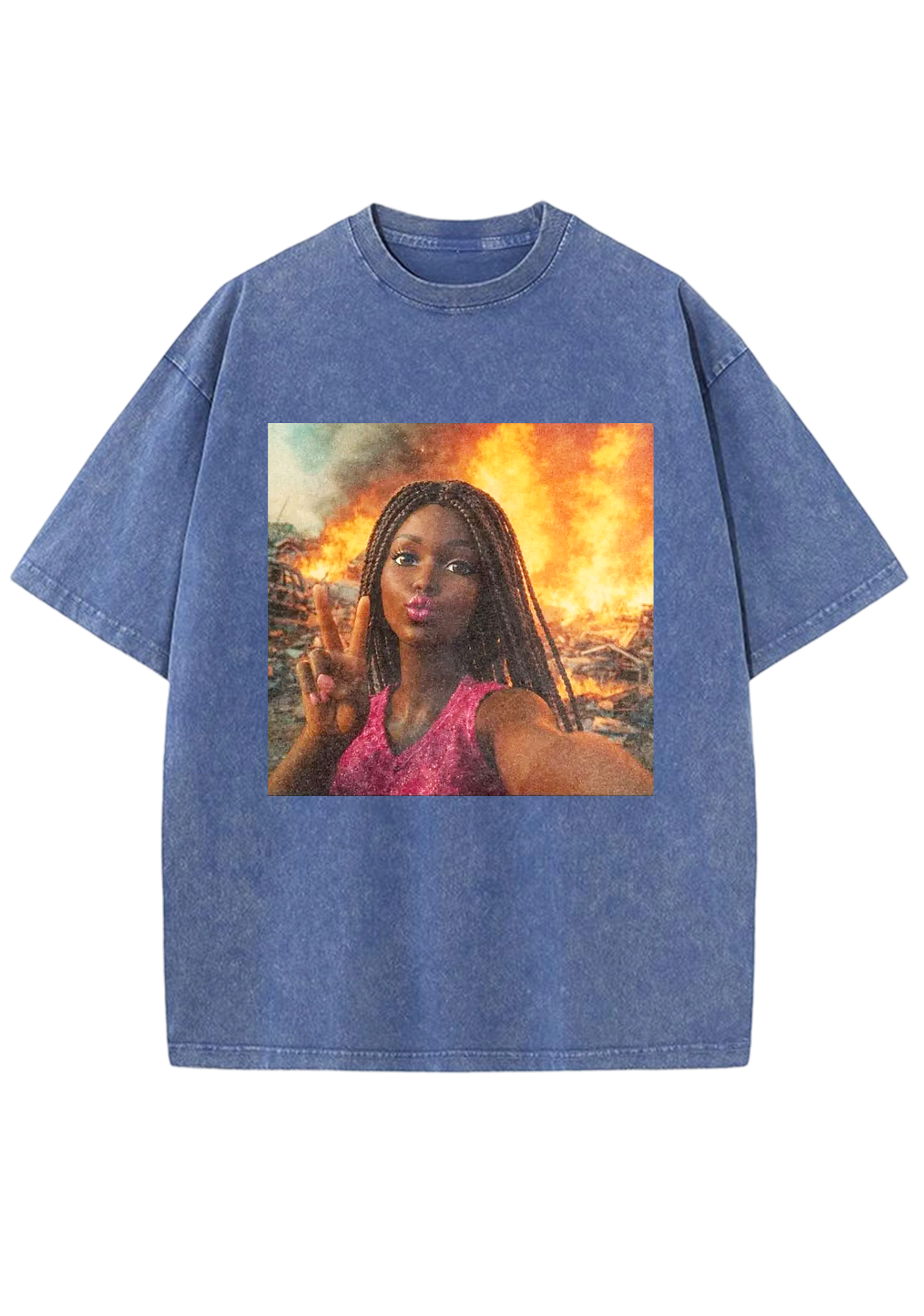 Peace Sign Barbie In Fire Meme Y2K Washed Tee