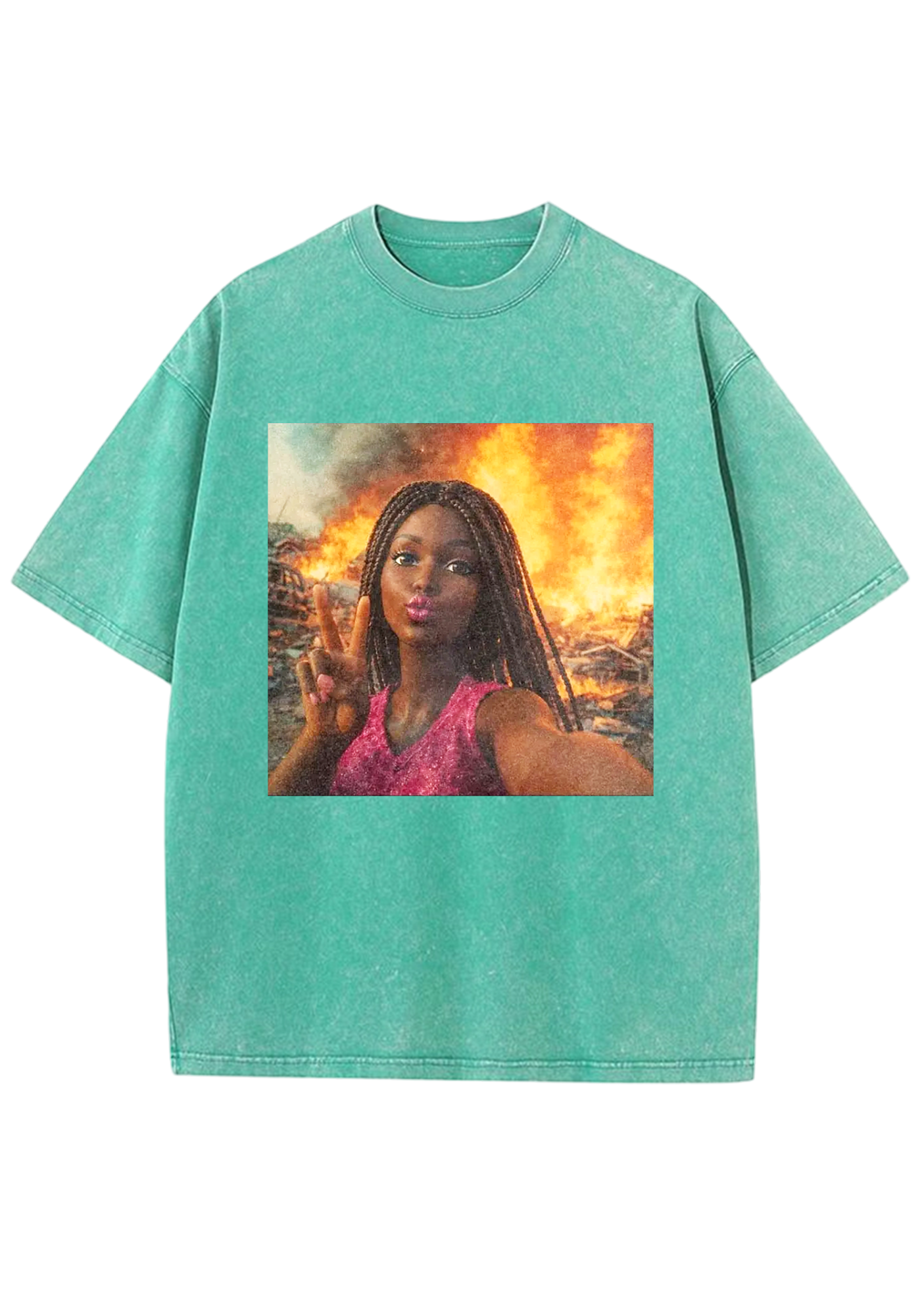 Peace Sign Barbie In Fire Meme Y2K Washed Tee