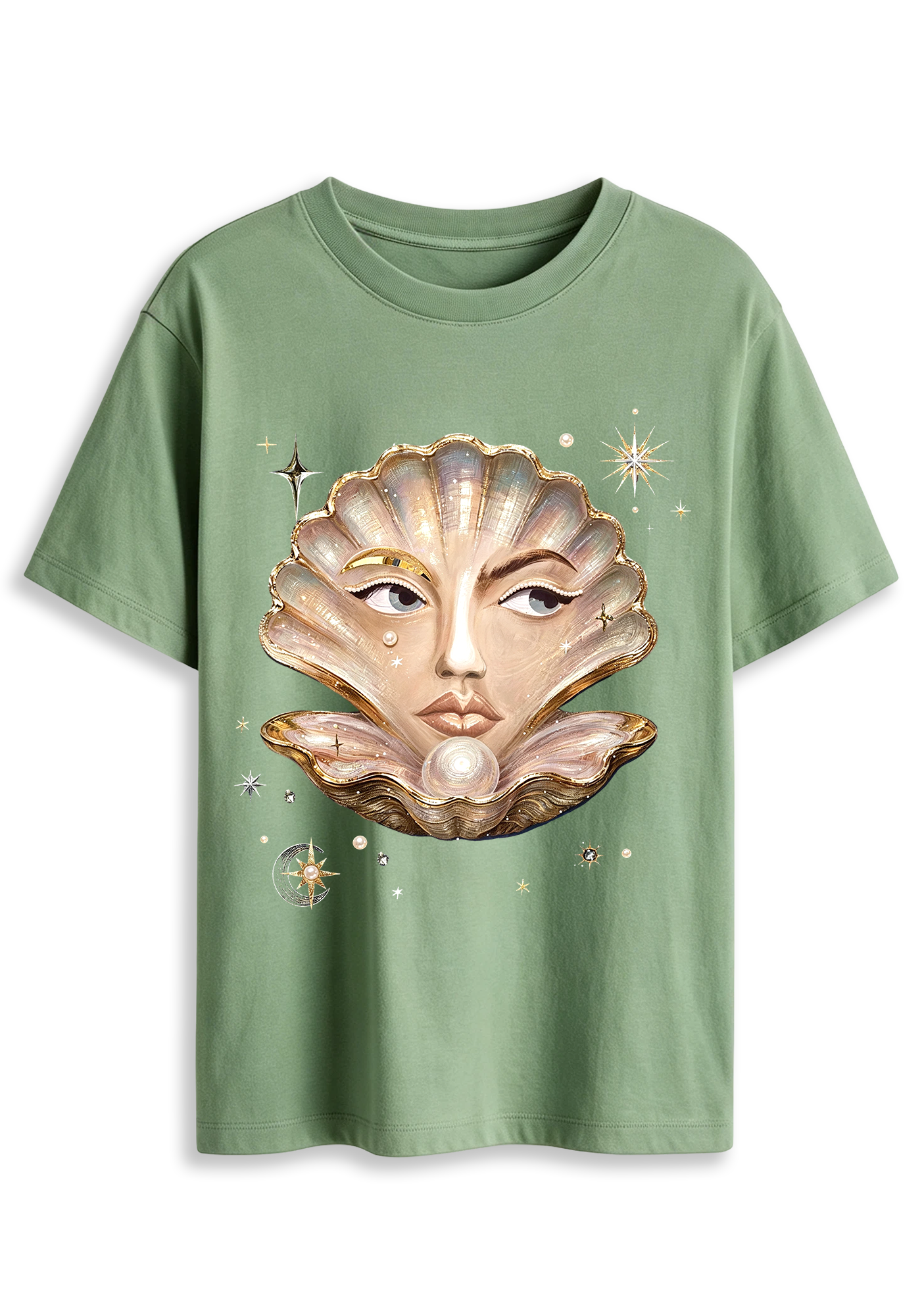 Surreal Seashell Face Pearl Celestial Graphic T-Shirt