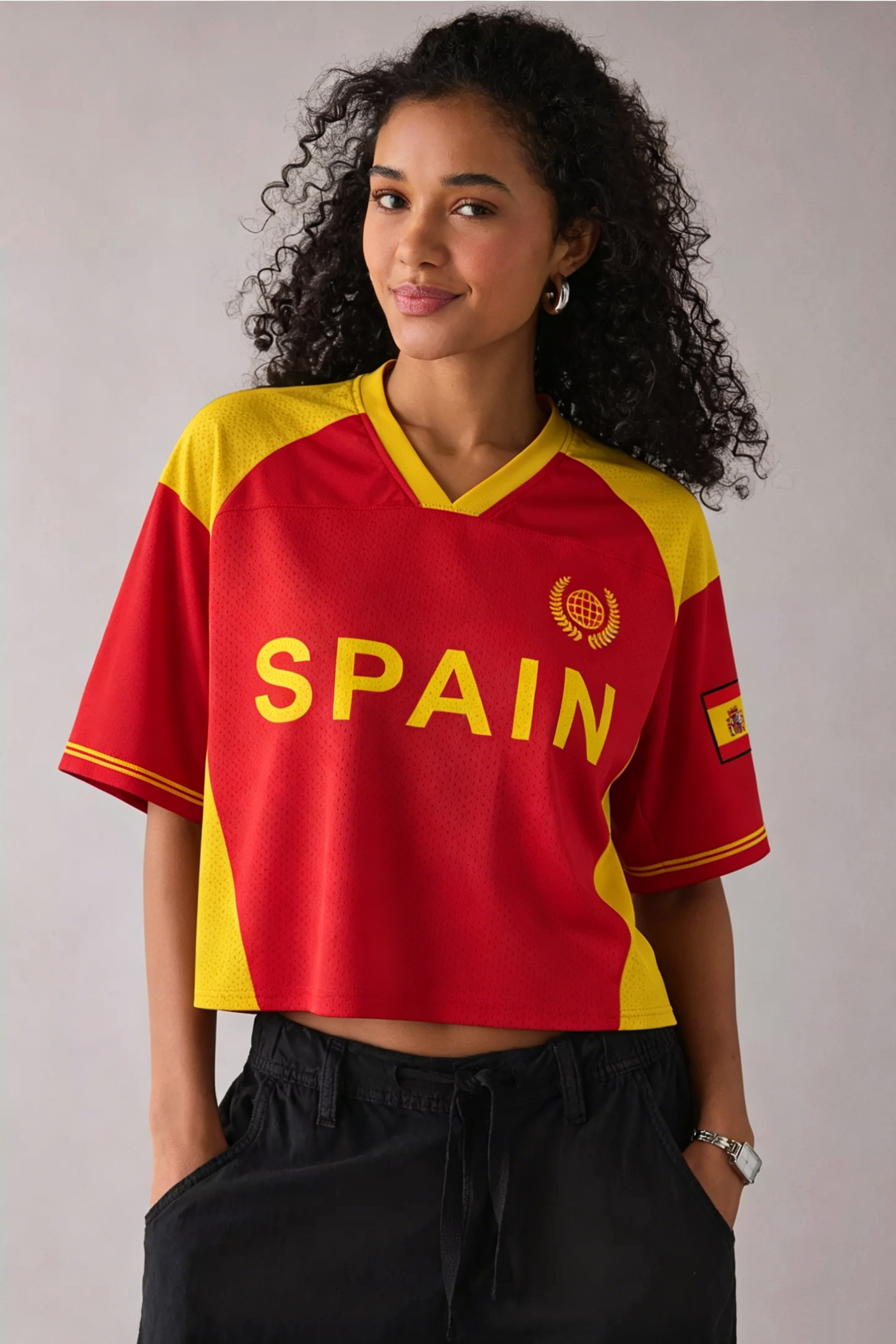  Spain Flag Inspired Streetwear Cropped Mesh Jersey Shirt