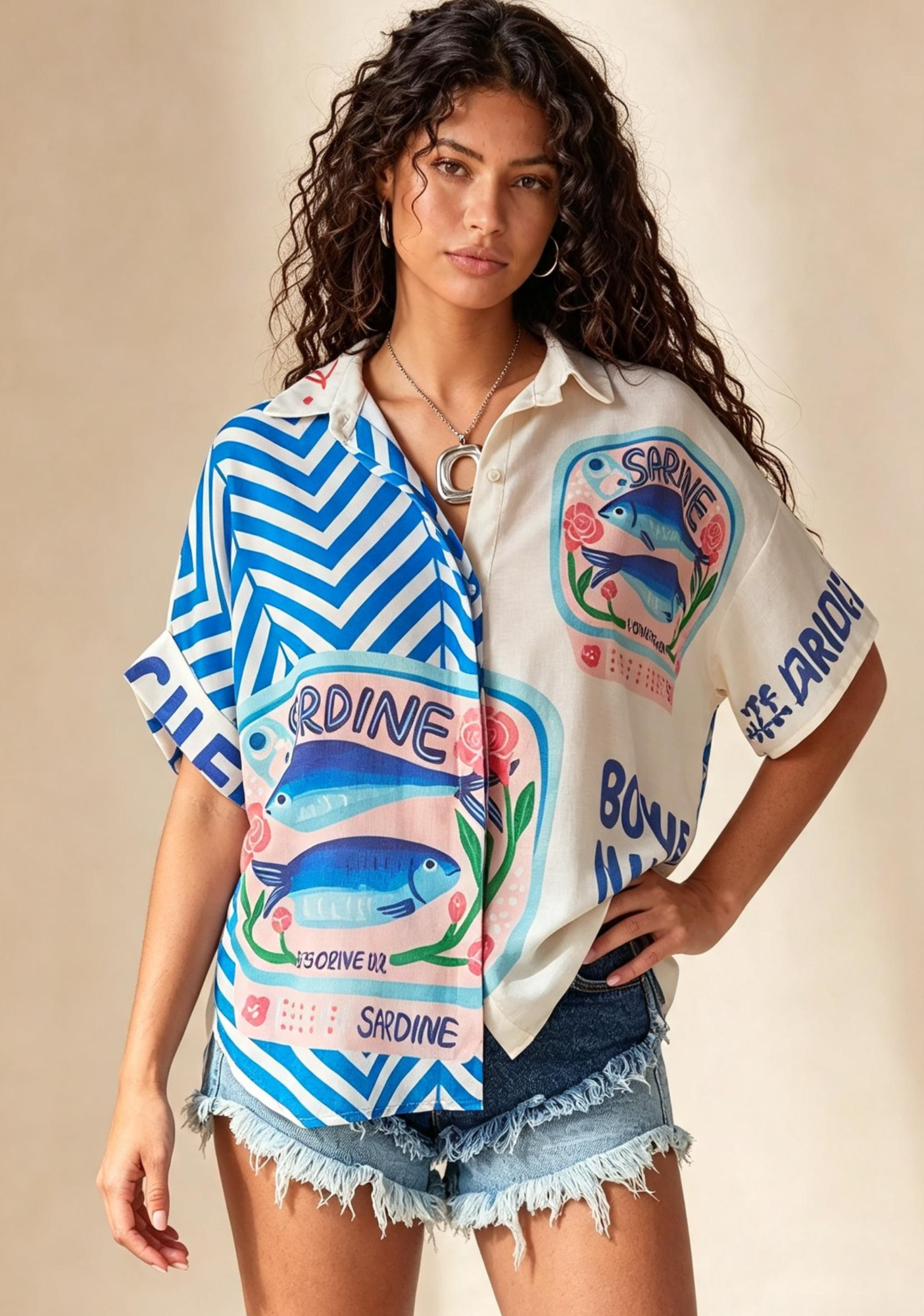Retro Sardine Can Print Button Up Shirt