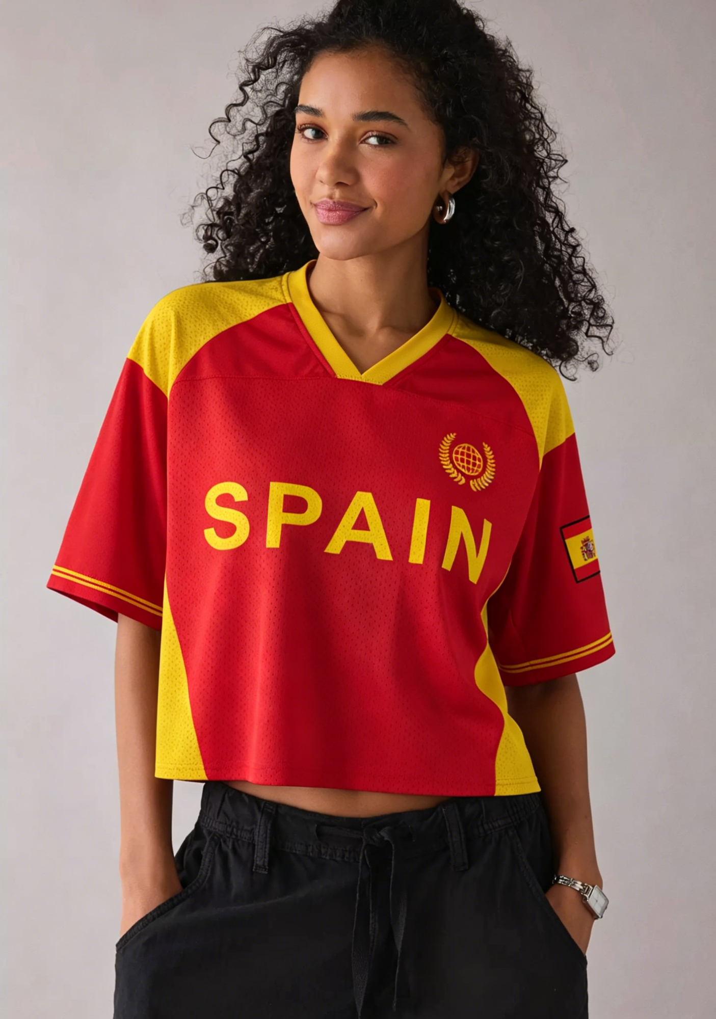  Spain Flag Inspired Streetwear Cropped Mesh Jersey Shirt