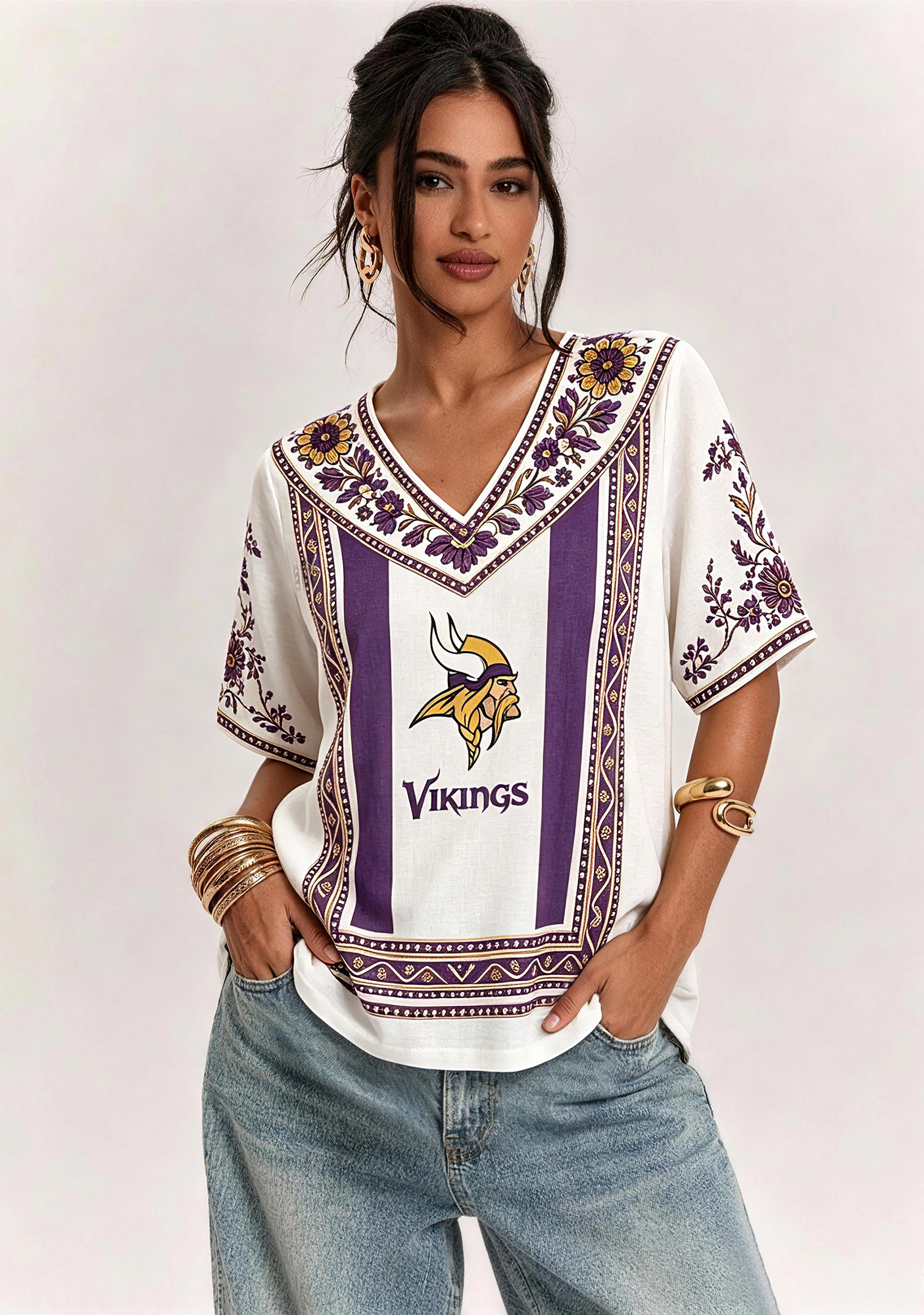 Boho Purple Floral Minnesota Vikings V-Neck Blouse