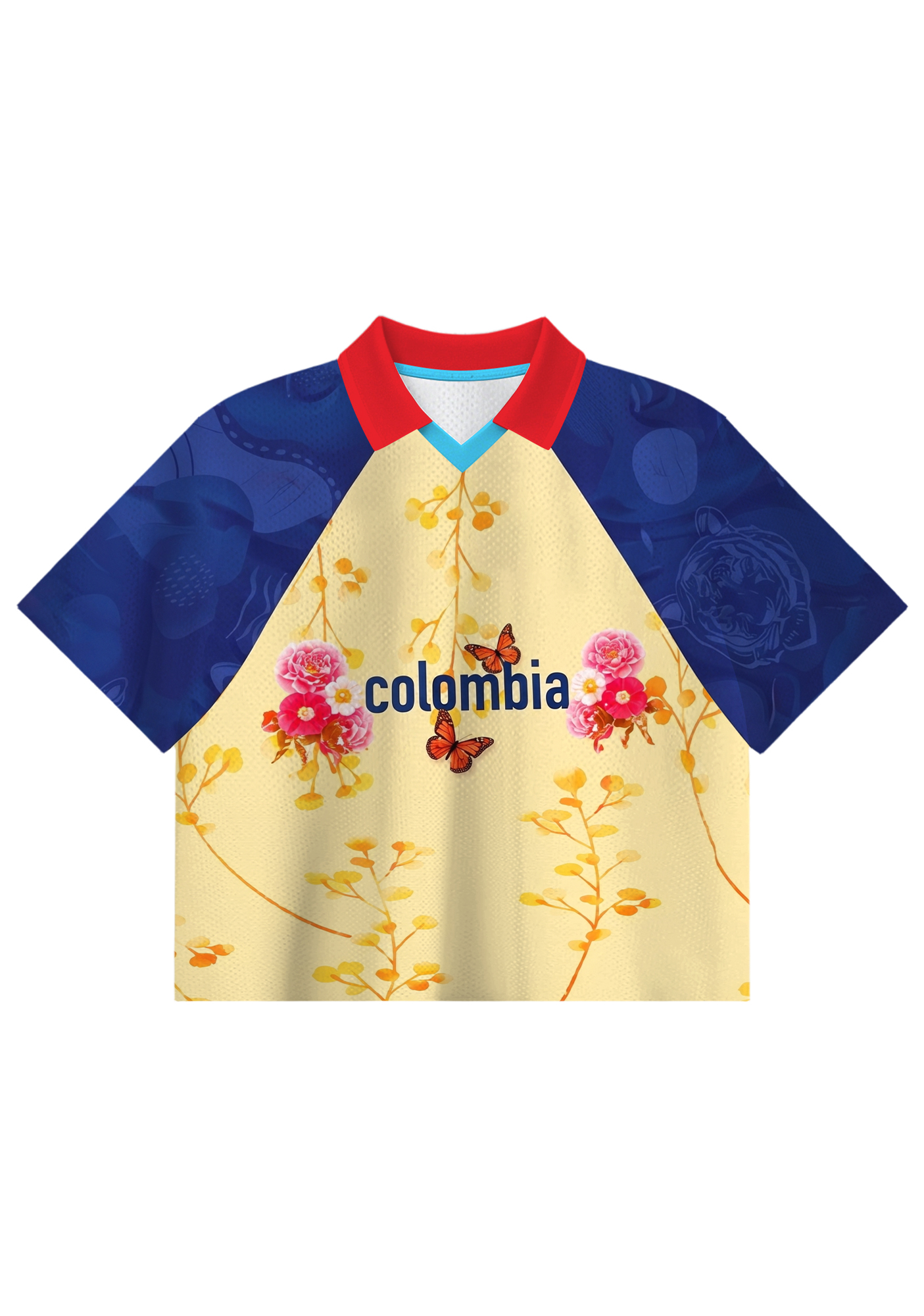 Vintage Floral Print Colombia Cropped Collared Soccer Jersey