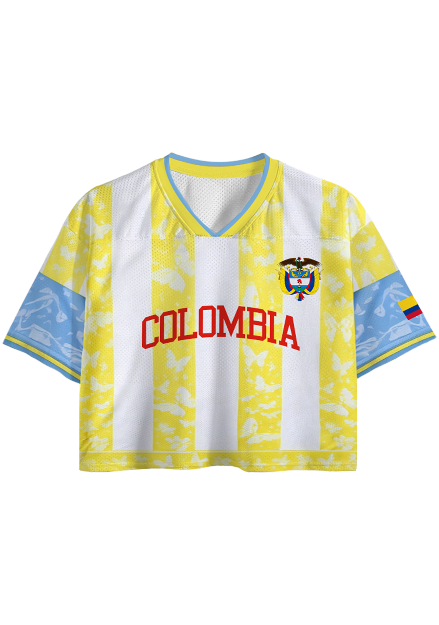 Colombia Butterfly Print Striped Cropped Mesh Jersey Shirt