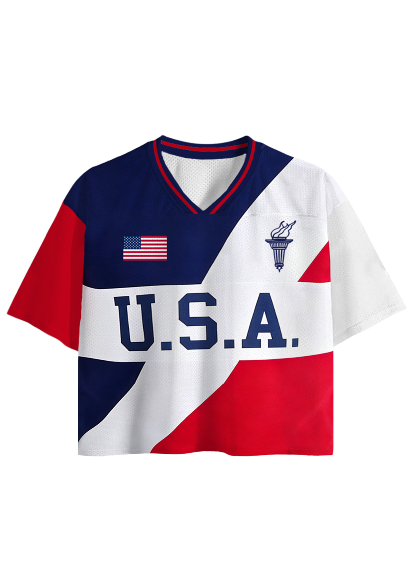 Red White Blue Split Panel Cropped Mesh Jersey Shirt