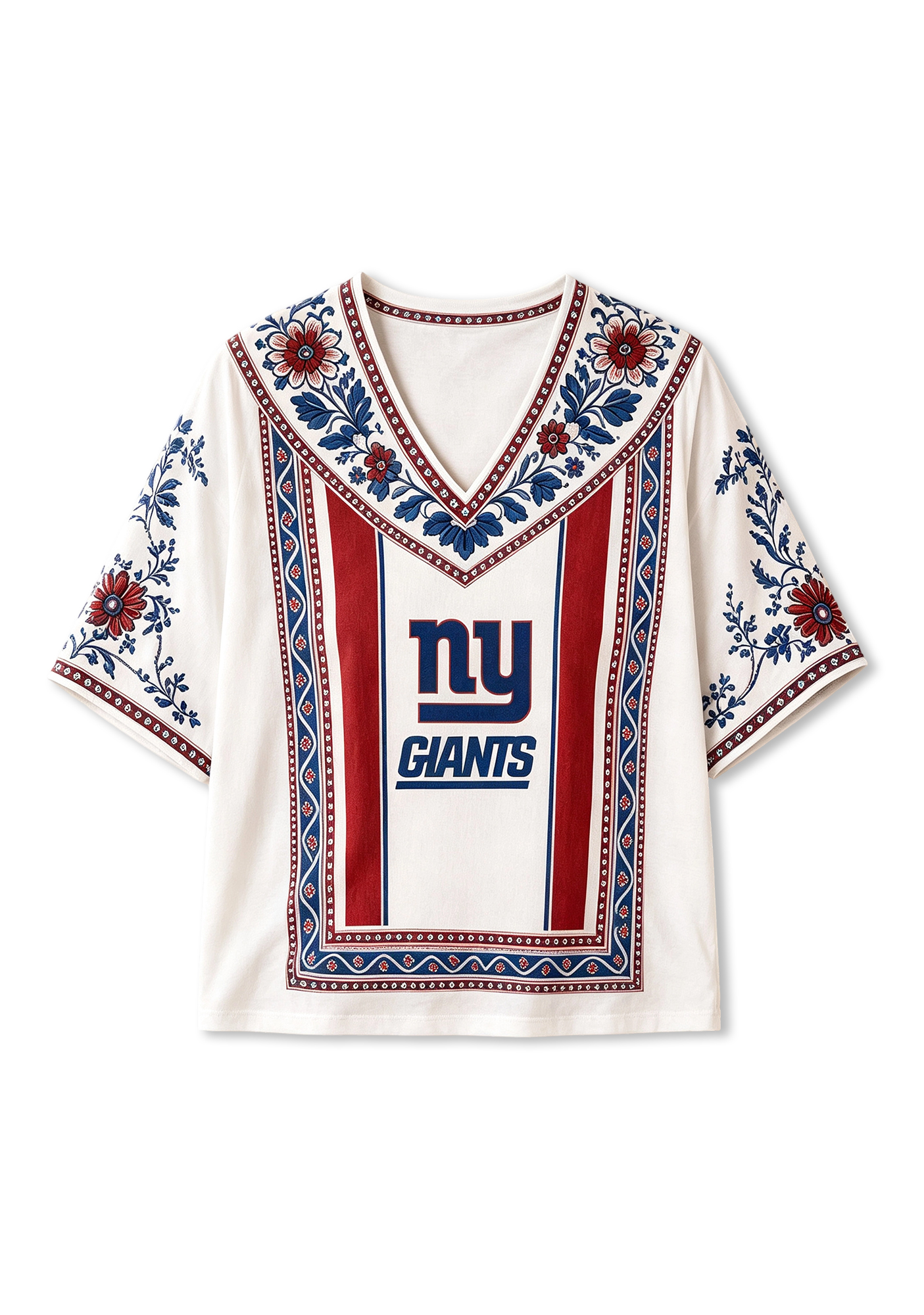 Boho Border Print NY Giants V-Neck Blouse