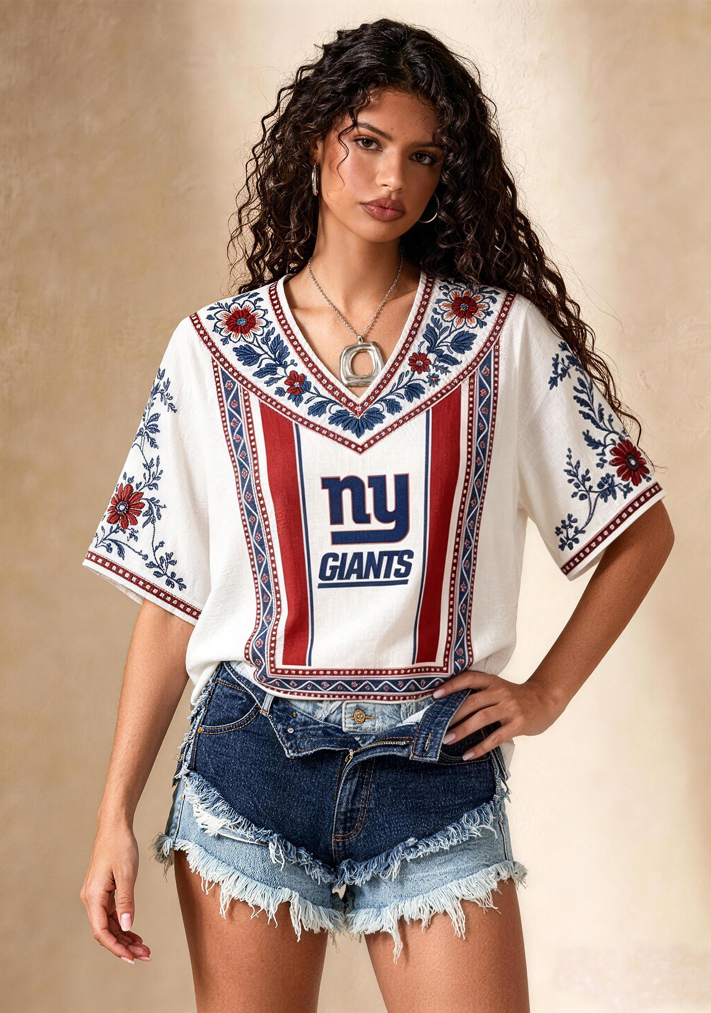 Boho Border Print NY Giants V-Neck Blouse