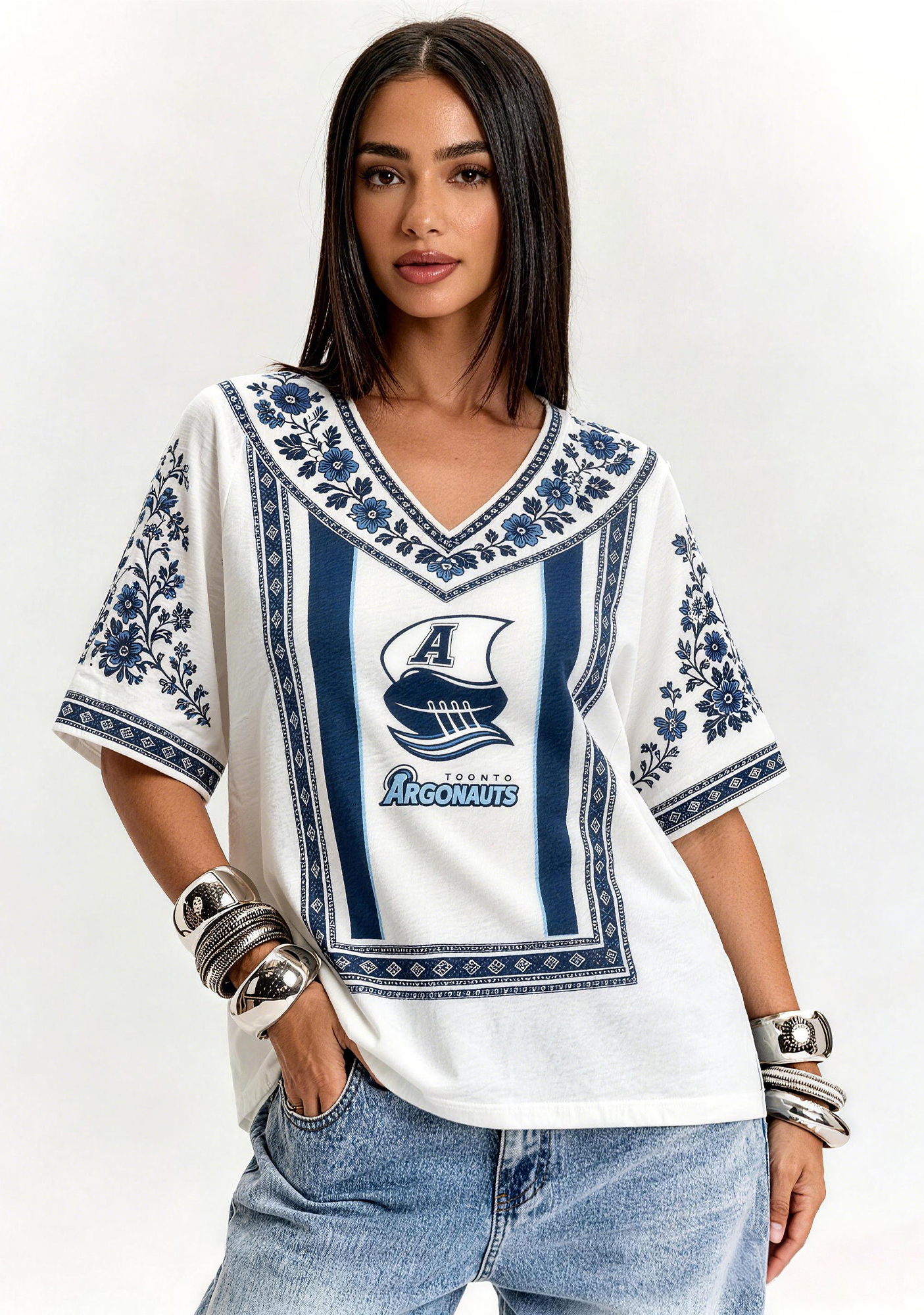 Boho Floral Border Toronto Argonauts V-Neck Blouse