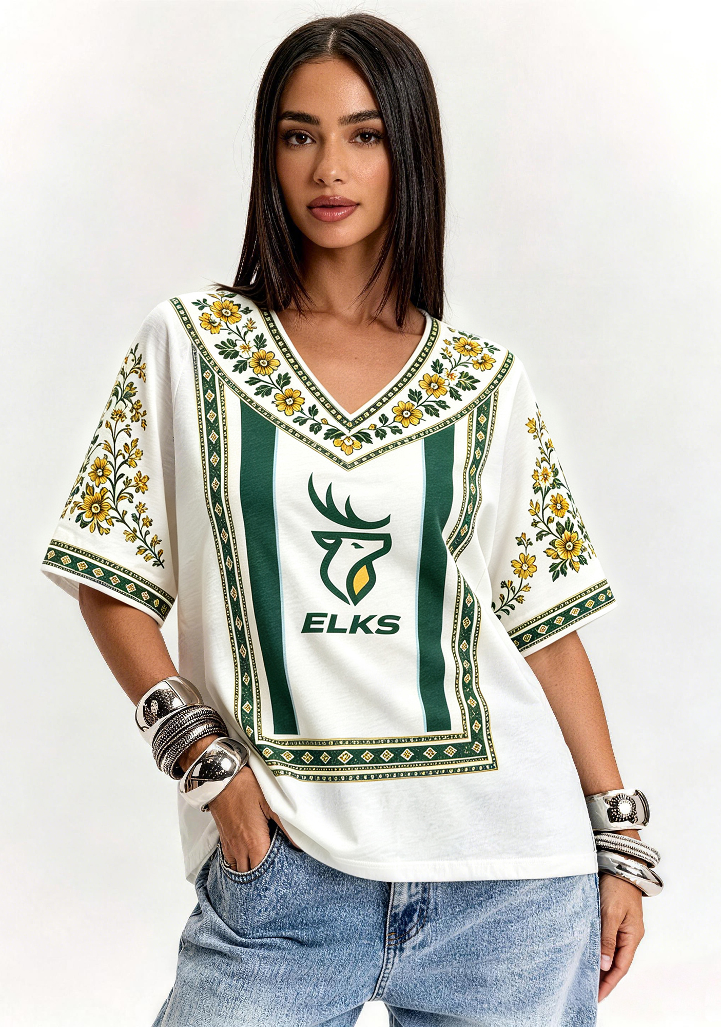 Boho Floral Border Edmonton Elks V-Neck Blouse