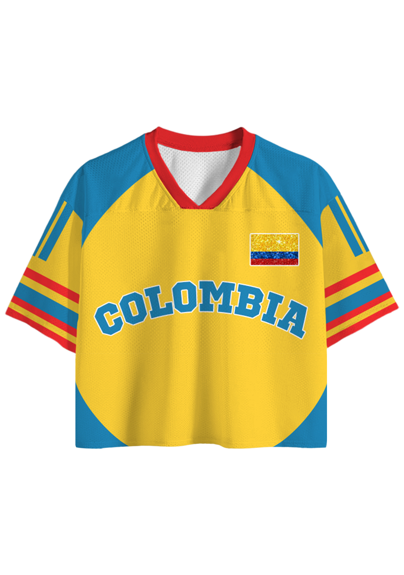Sparkly Glitter Flag Colombia Cropped Mesh Jersey Shirt