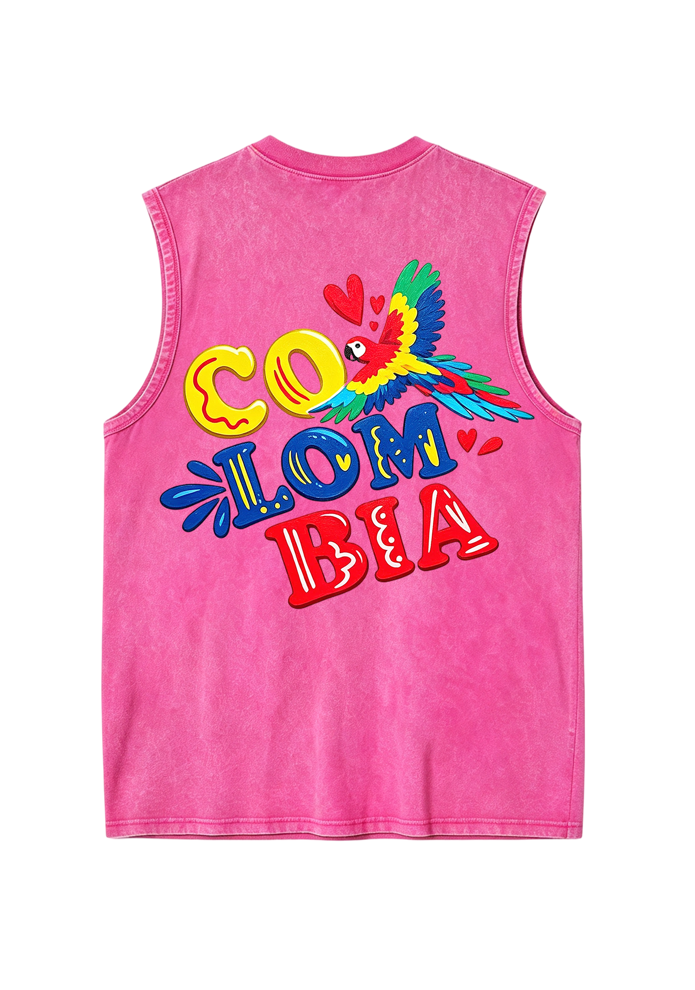Colombia Macaw Heart Bubble Letter Washed Tank