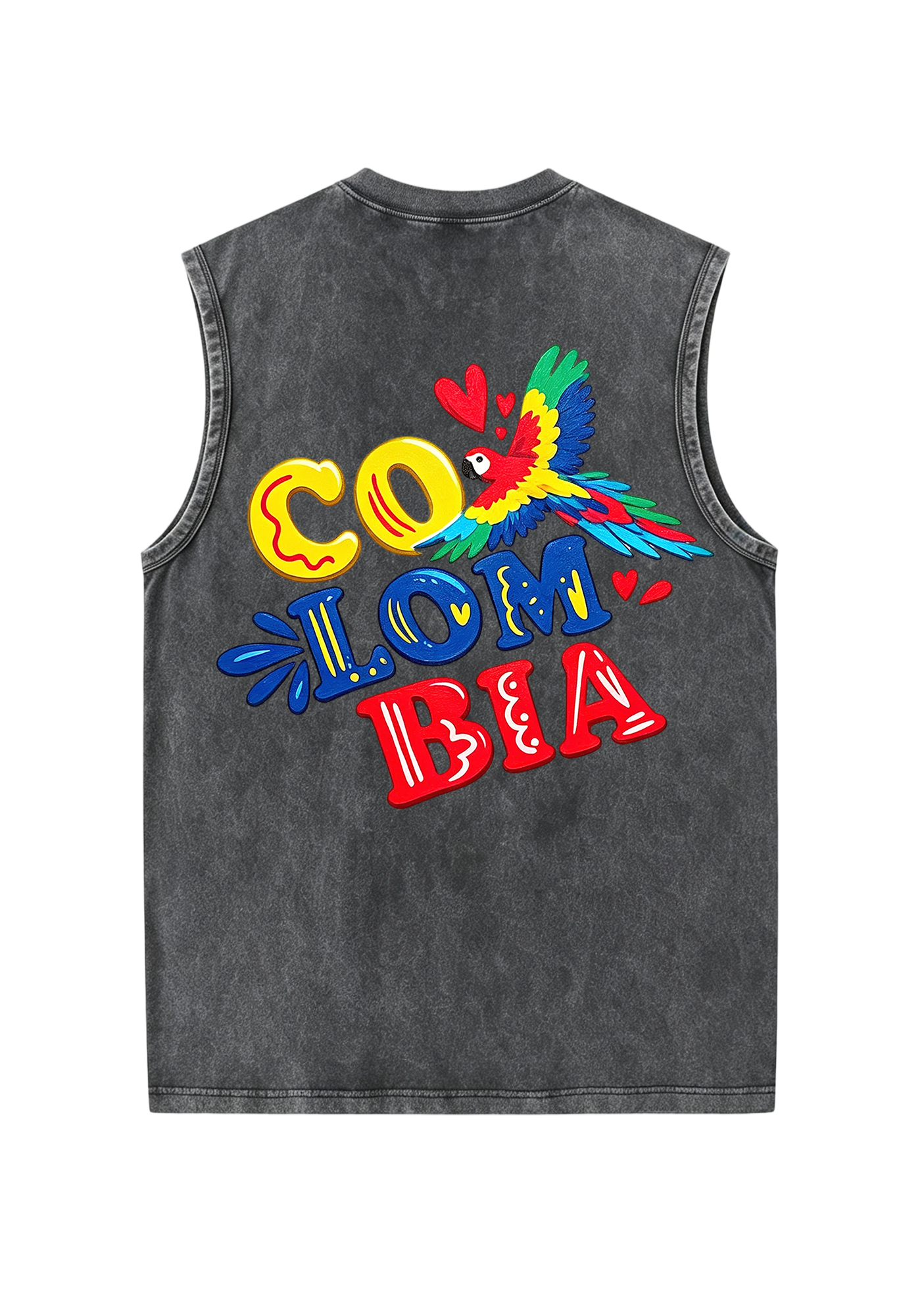Colombia Macaw Heart Bubble Letter Washed Tank