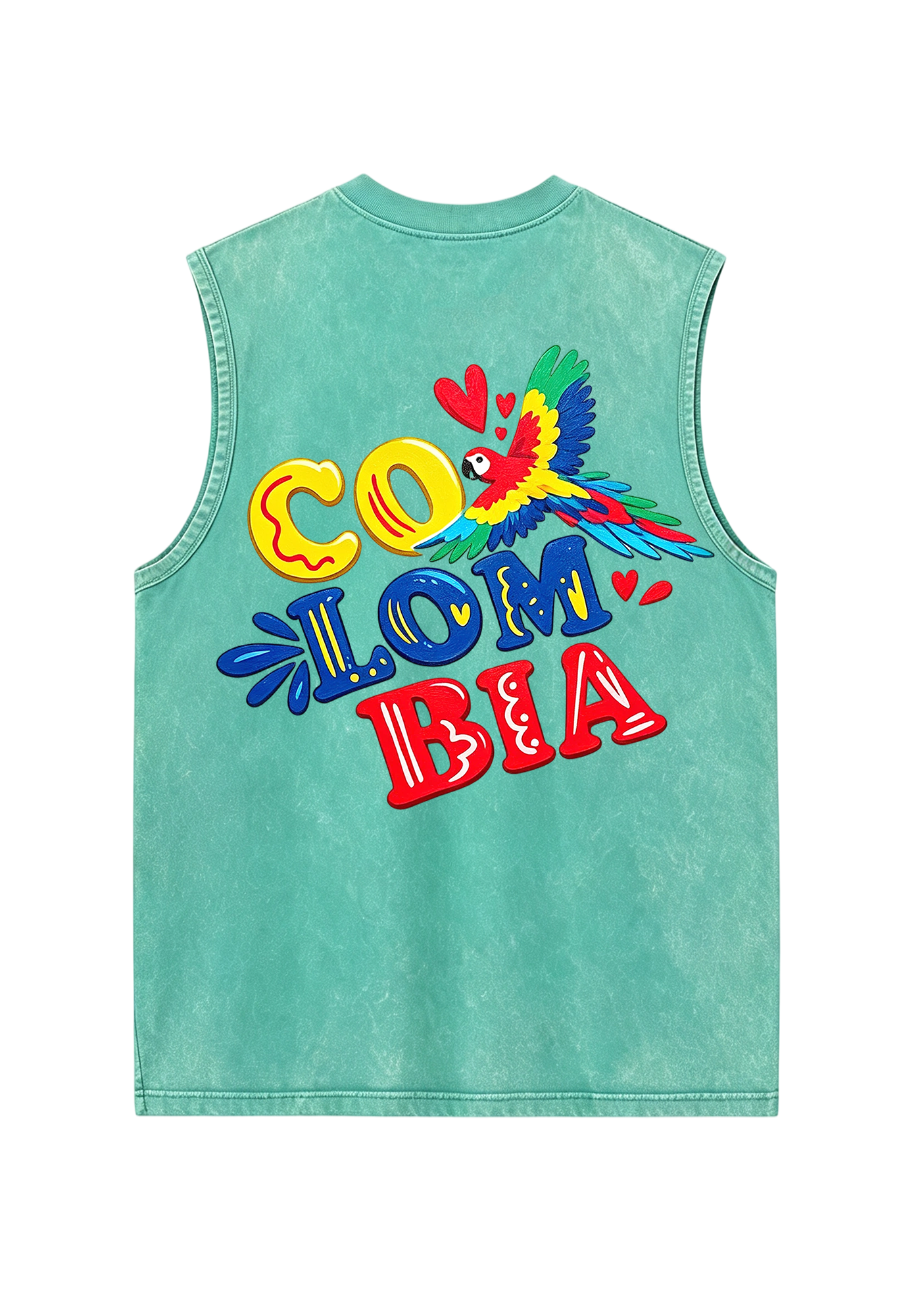 Colombia Macaw Heart Bubble Letter Washed Tank