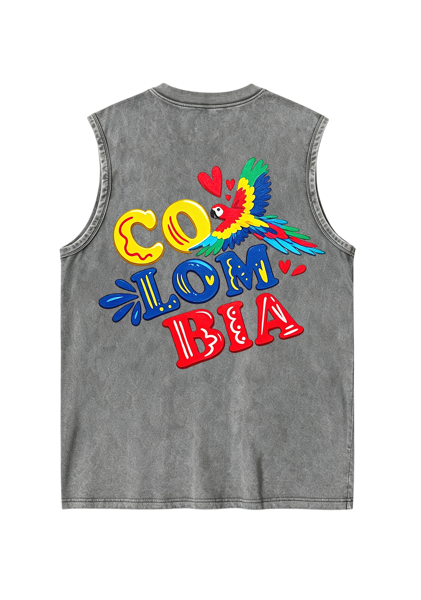 Colombia Macaw Heart Bubble Letter Washed Tank