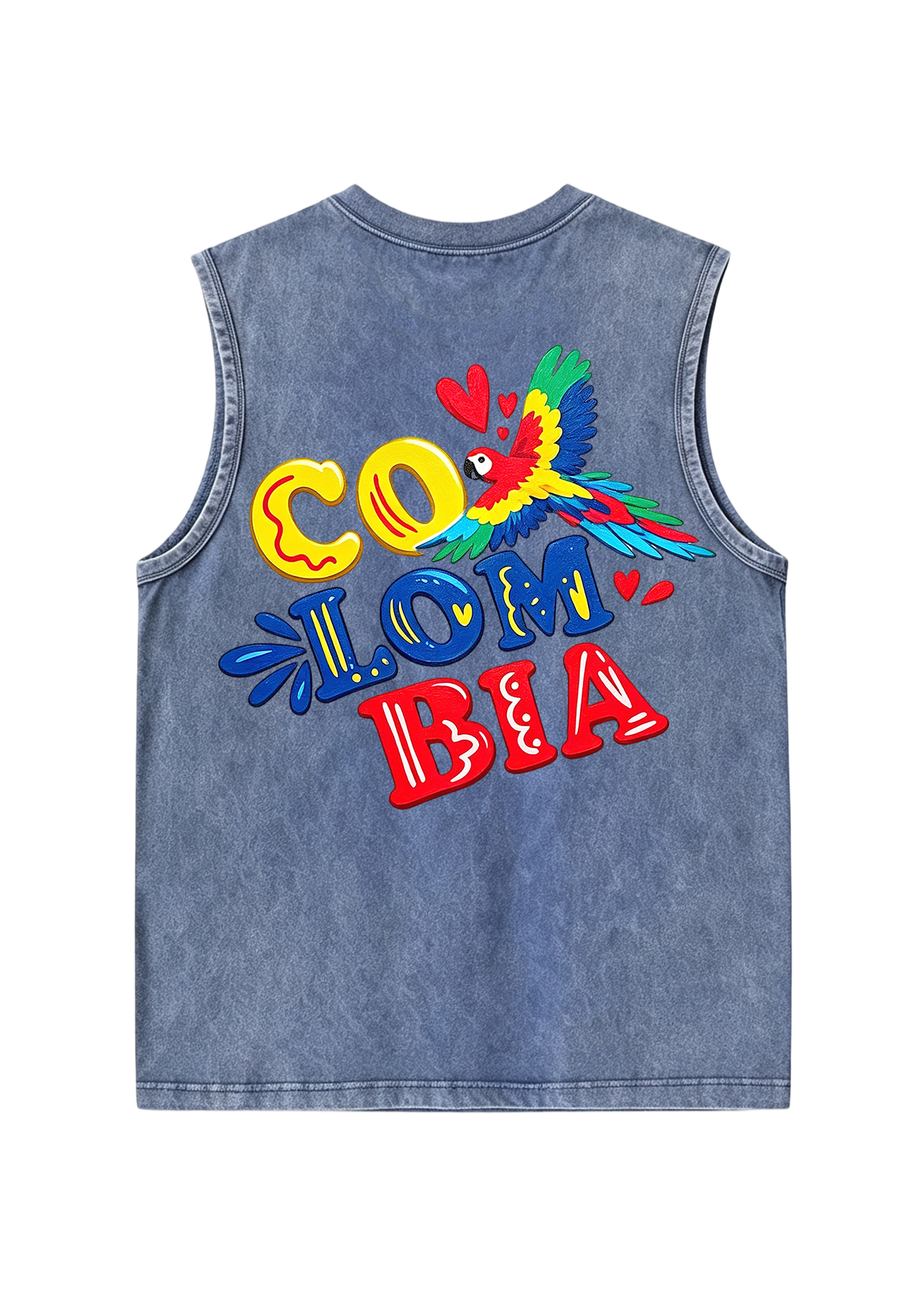 Colombia Macaw Heart Bubble Letter Washed Tank