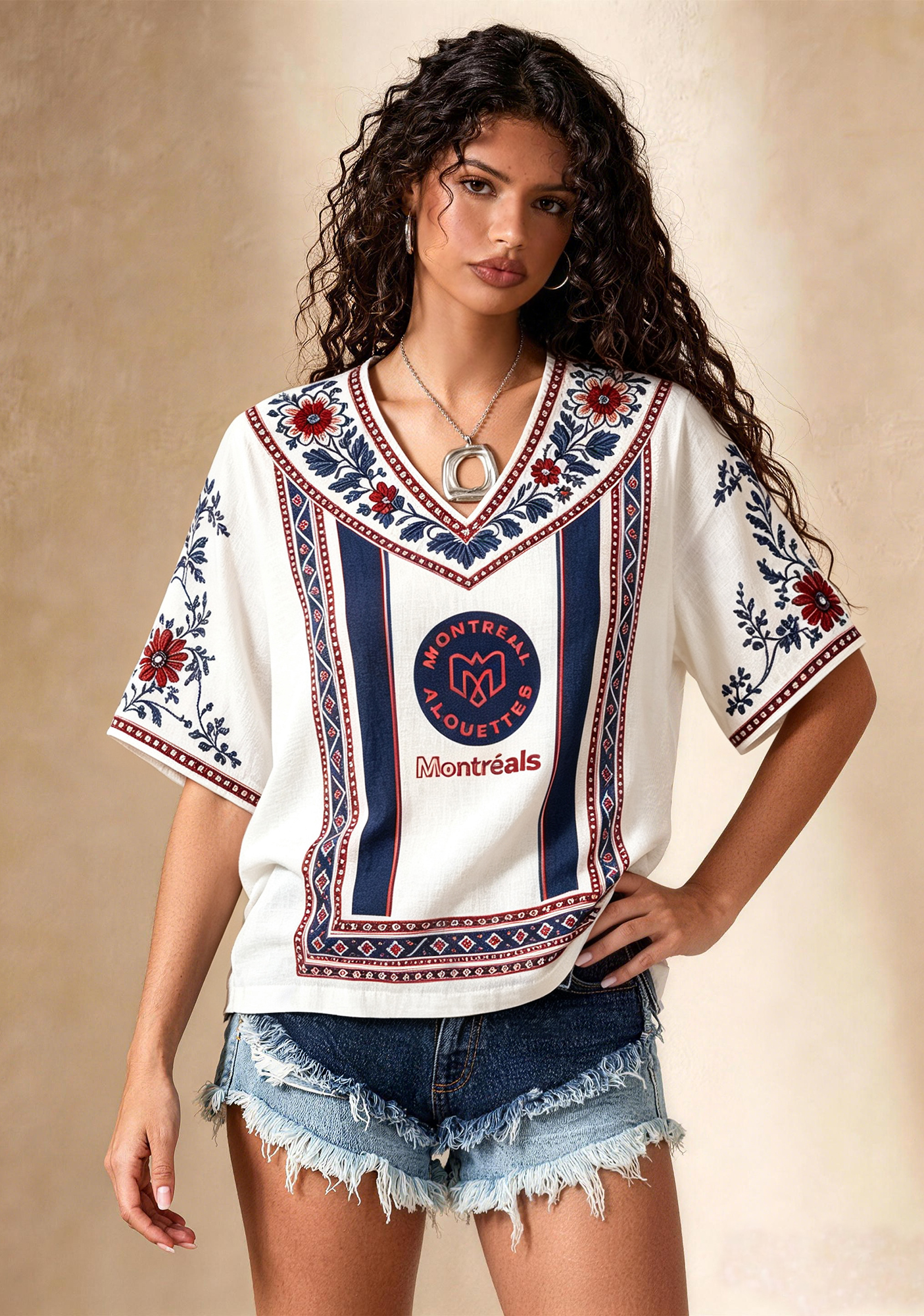 Boho Floral Border Montreal Alouettes V-Neck Blouse