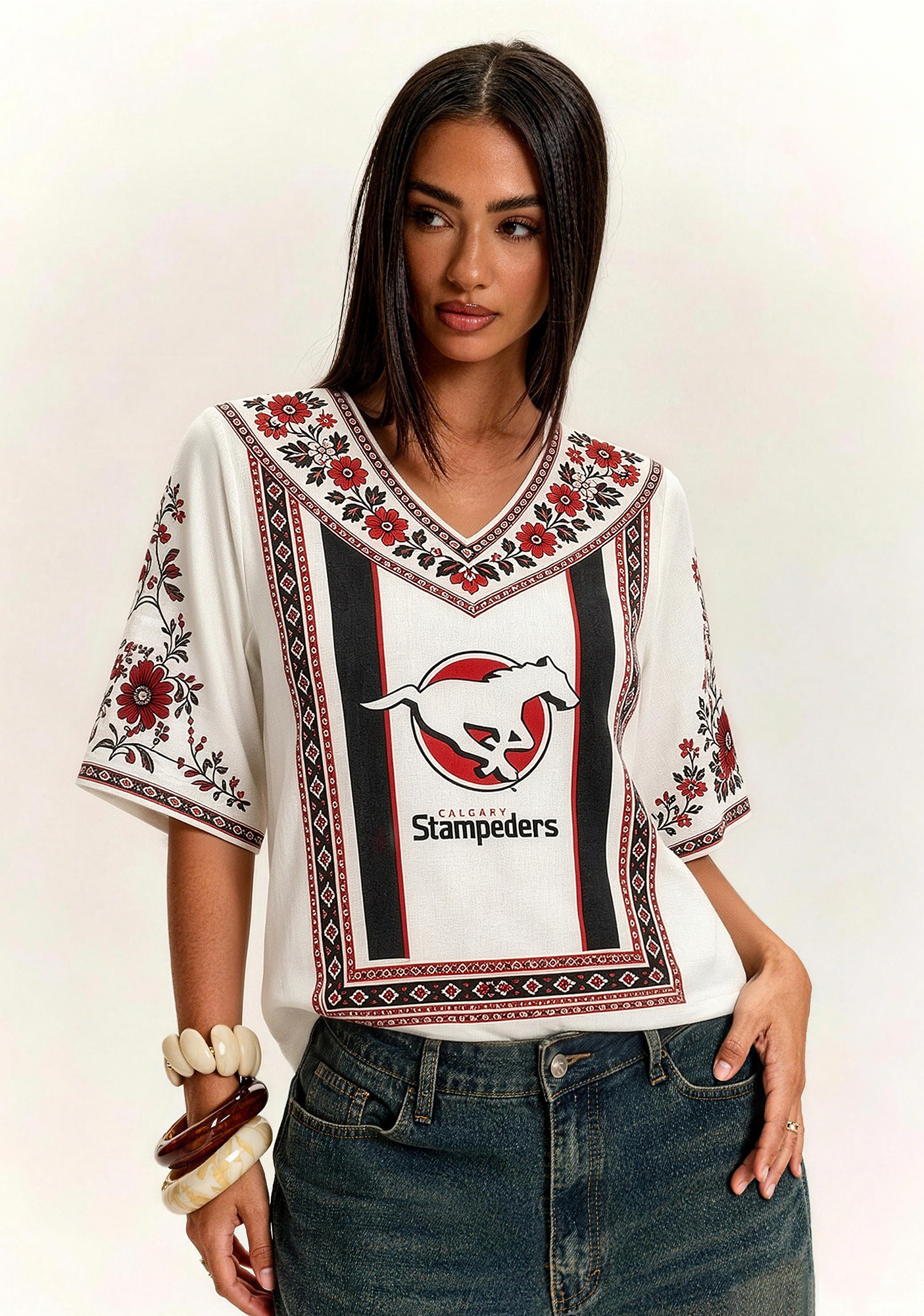 Boho Floral Border Calgary Stampeders V-Neck Blouse