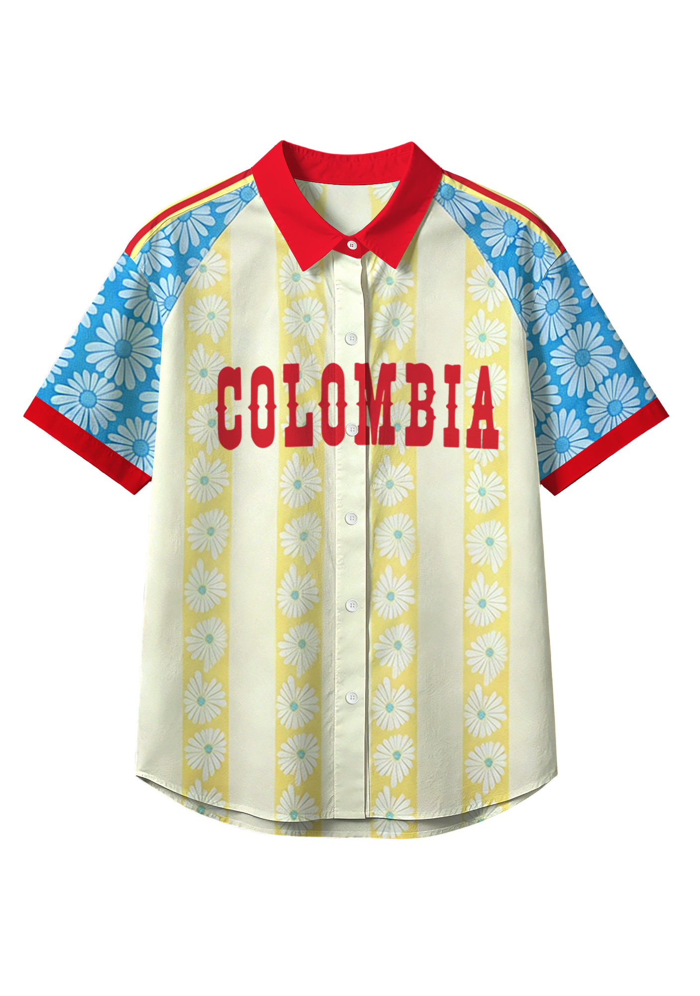 Colombia Daisy Print Striped Button Up Hawaiian Shirt