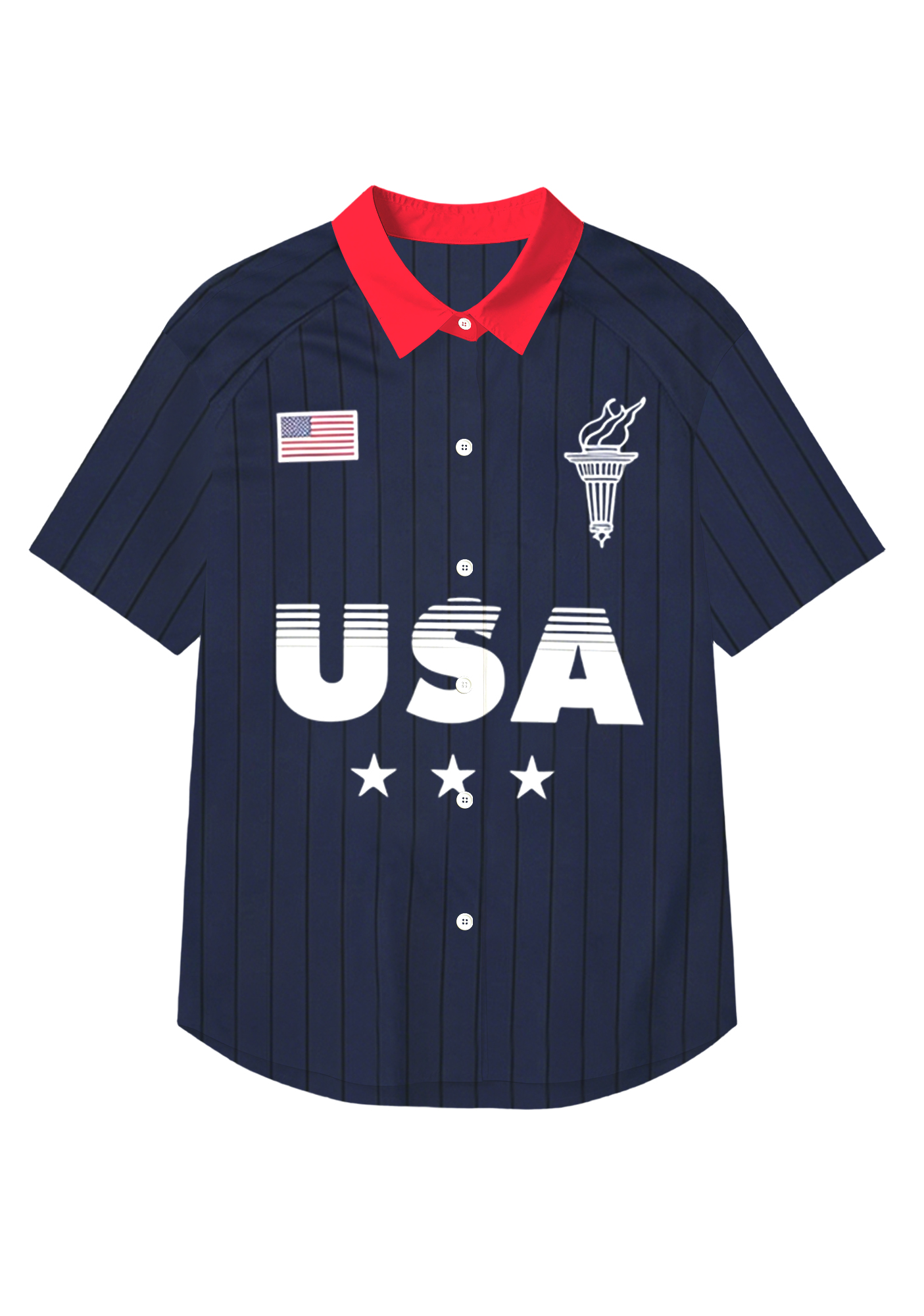 Vintage American Flag Pinstripe Patriotic Button Up Hawaiian Shirt