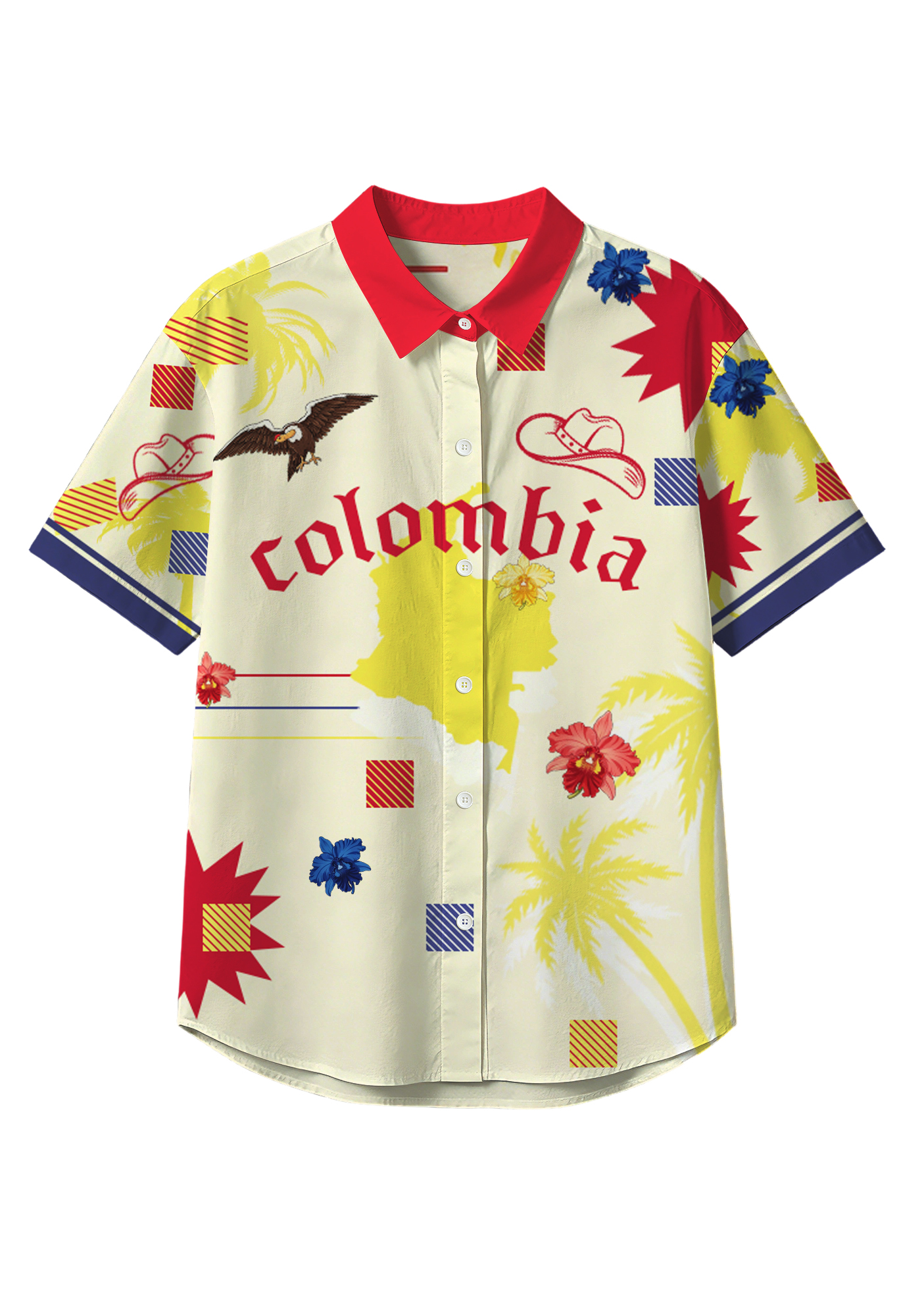 Colombia Tropical Floral Map Print Button Up Hawaiian Shirt