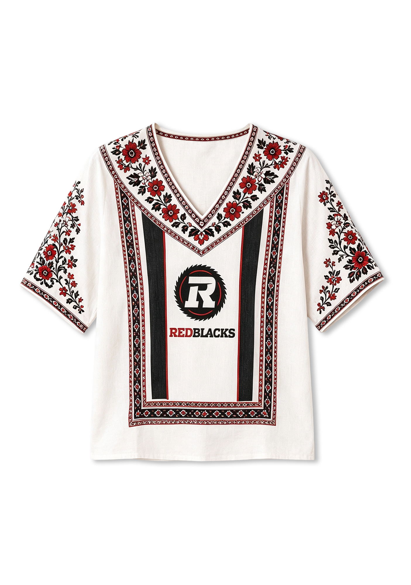 Boho Floral Border Ottawa Redblacks V-Neck Blouse