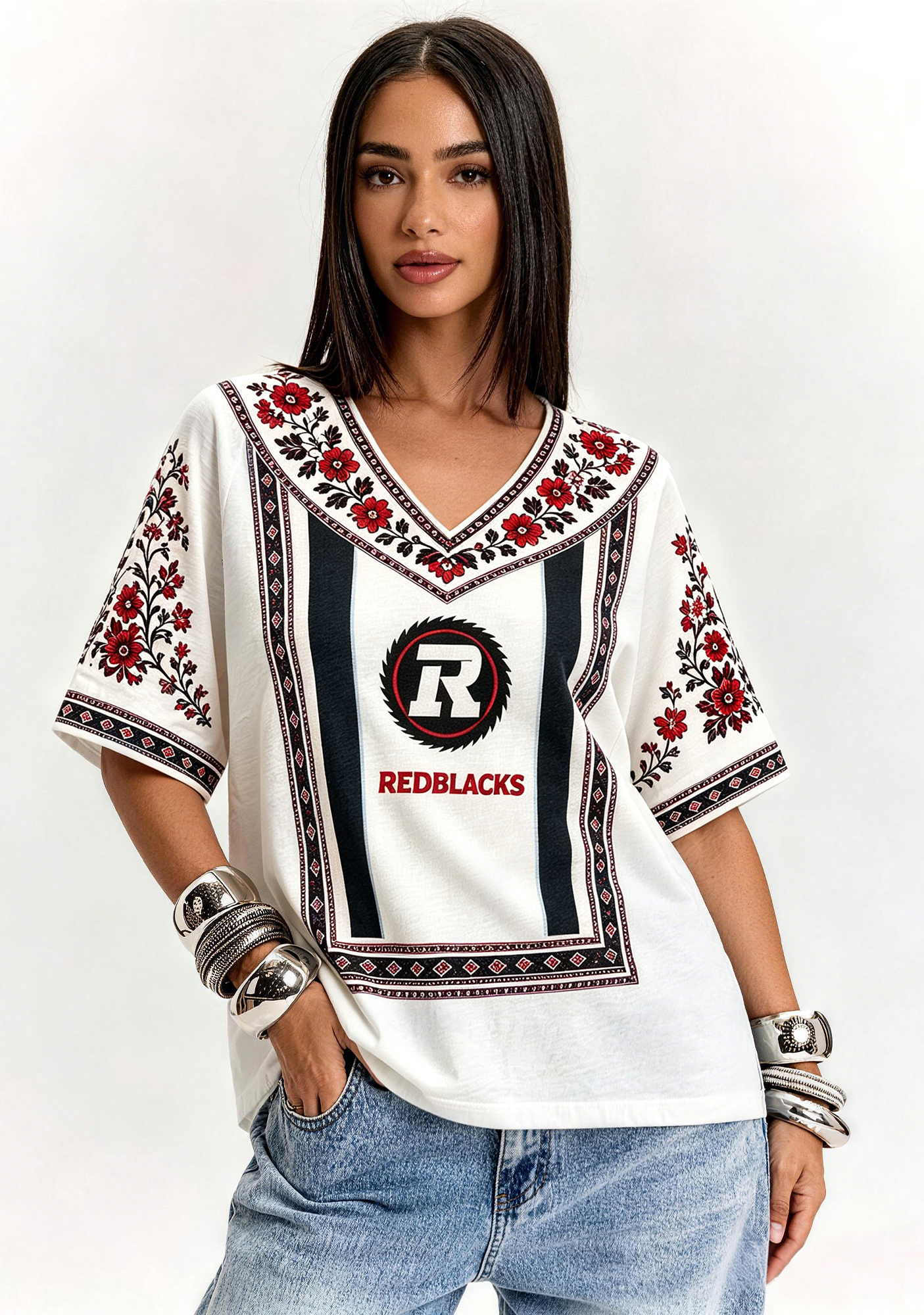 Boho Floral Border Ottawa Redblacks V-Neck Blouse