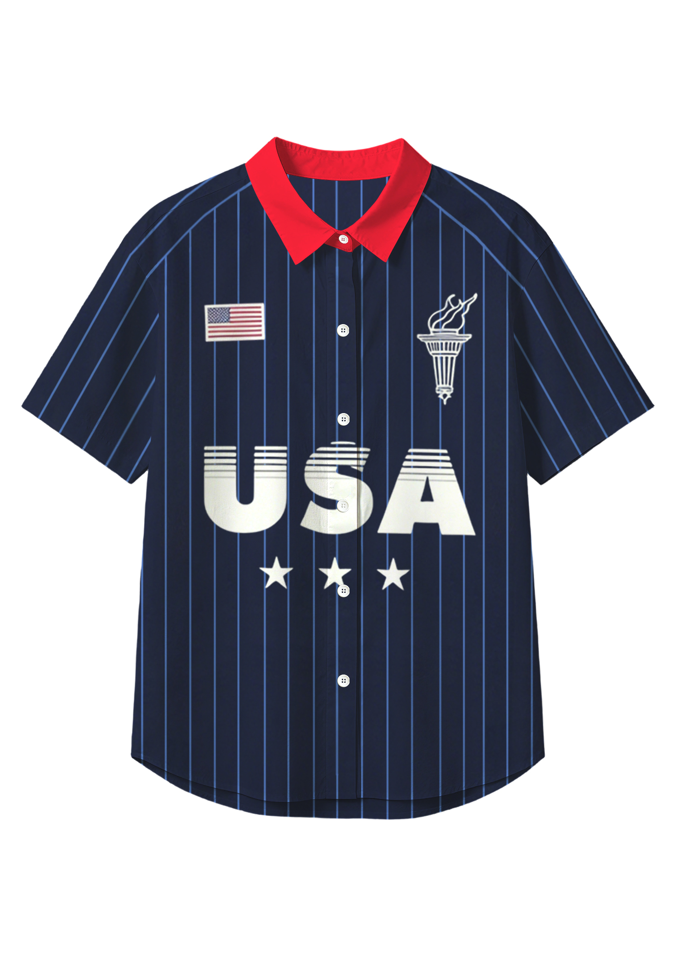 Navy Pinstripe USA Flag Torch StarButton Up Hawaiian Shirt