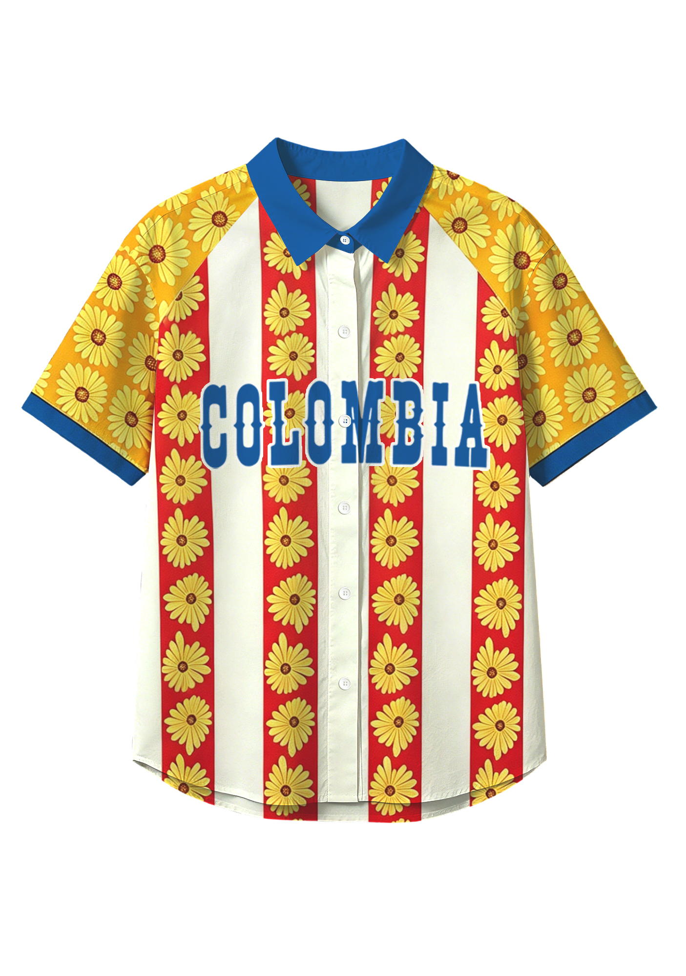 Vintage Sunflower Print Colombia Patriotic Button Up Hawaiian Shirt