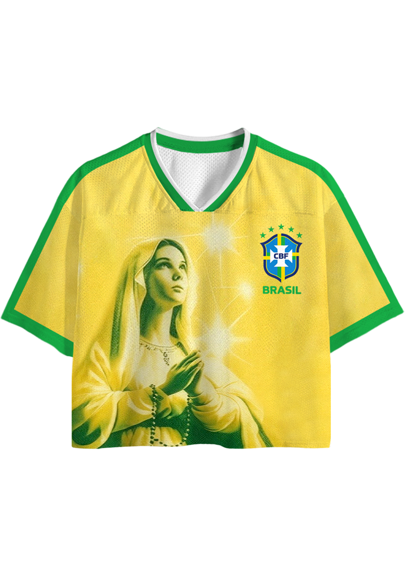 Yellow Green Brazil Virgin Mary Cropped Jersey Shirt